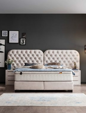 Polsterei Marya Boxspringbett BERLIN, LUXURY Chesterfield box spring bett schlafzimmer wahlweise mit Matratze & Topper inkl. 2x Kommoden und ohne Bettkasten