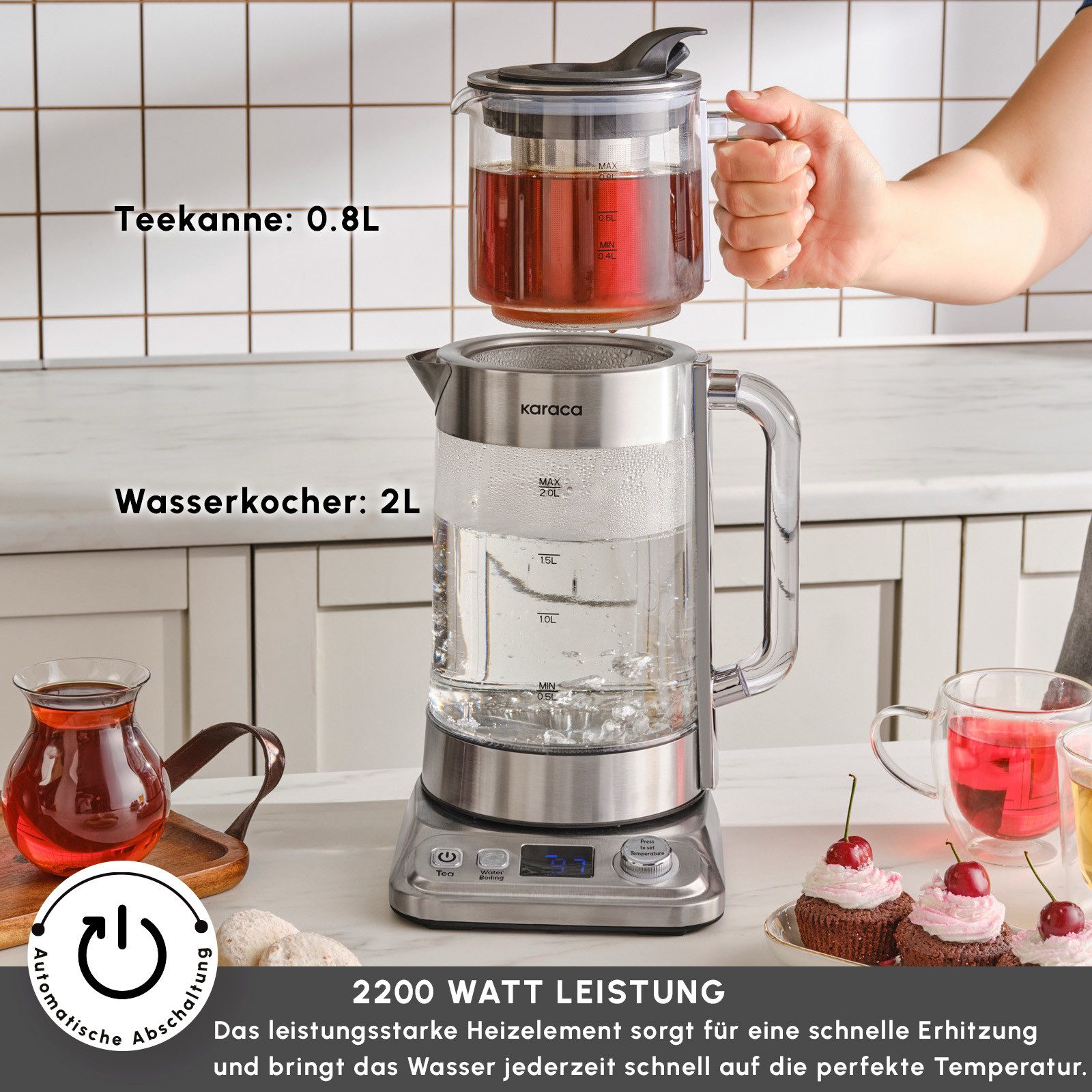 Karaca Wasserkocher Karaca x Refika XL Glas Teezubereiter 2,8L Kapazität, Chrom, 2200 W