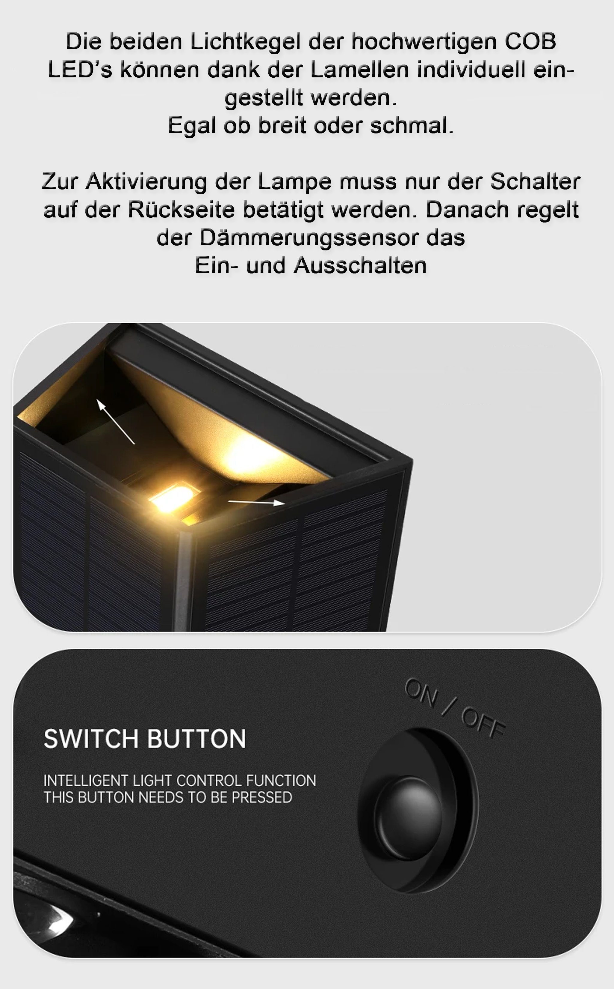 Arnusa LED Außen-Wandleuchte Wandlampe Solarleuchte kabellos hell Außenleuchte Wandleuchte außen, Einstellbarer Lichtkegel, Dämmerungsschalter, LED fest integriert, warmweiß, verstellbarer Lichtkegel einfache Montage