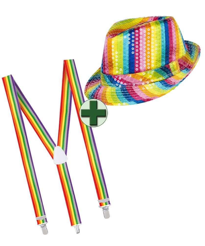 Karneval-Klamotten Kostüm Regenbogen LGBTQ Deko Party Set Hut Hosenträger, Accessoires für Pride Party