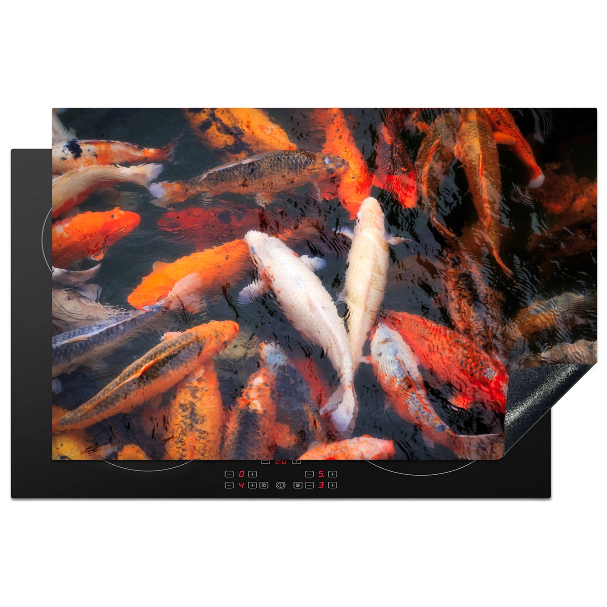 MuchoWow Herdblende-/Abdeckplatte Ein Teich mit Koi-Karpfen von oben, Vinyl, (1 tlg), 81x52 cm, Induktionskochfeld Schutz für die küche, Ceranfeldabdeckung