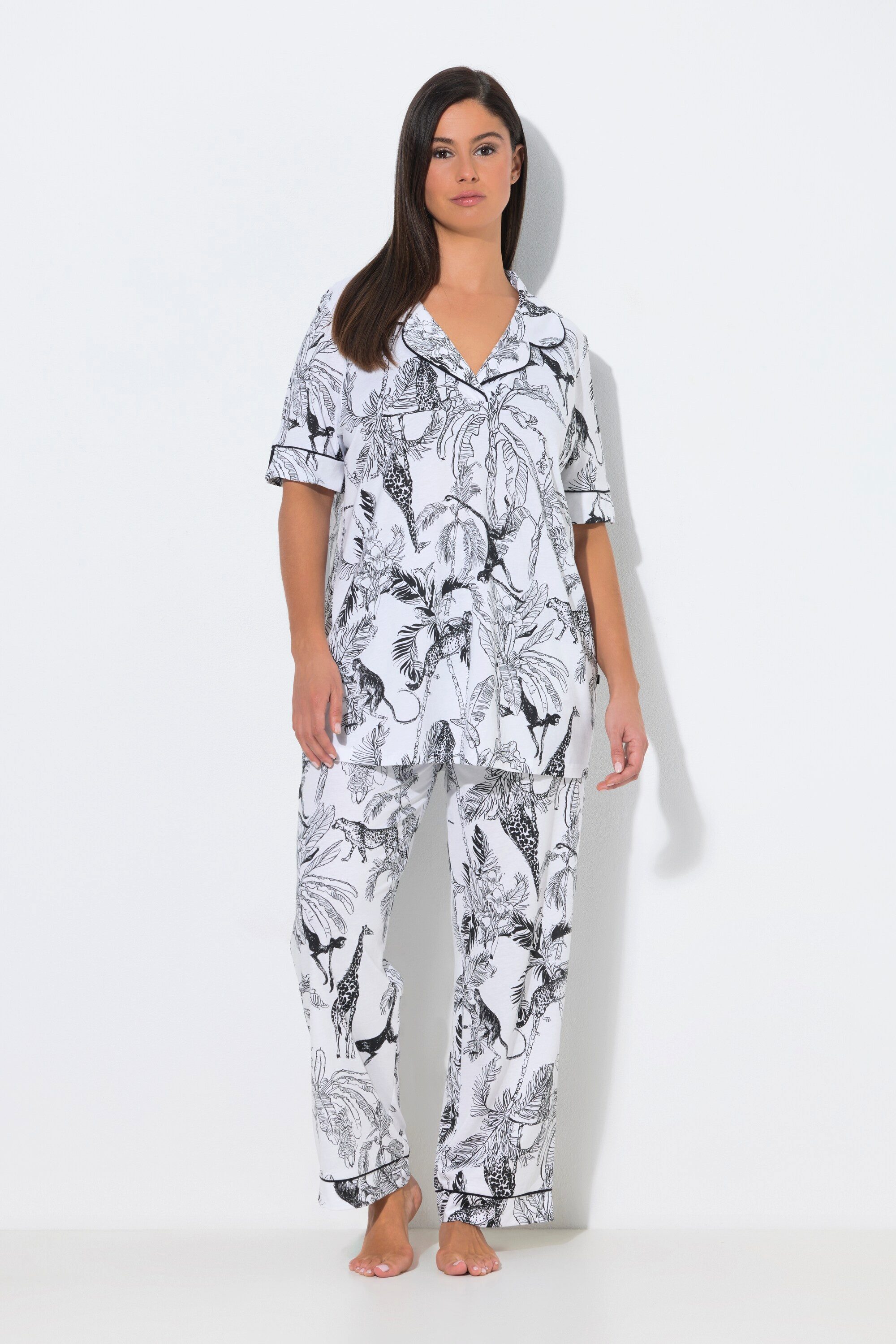 Ulla Popken Pyjama Pyjama Safari Kragen V-Ausschnitt Halbarm