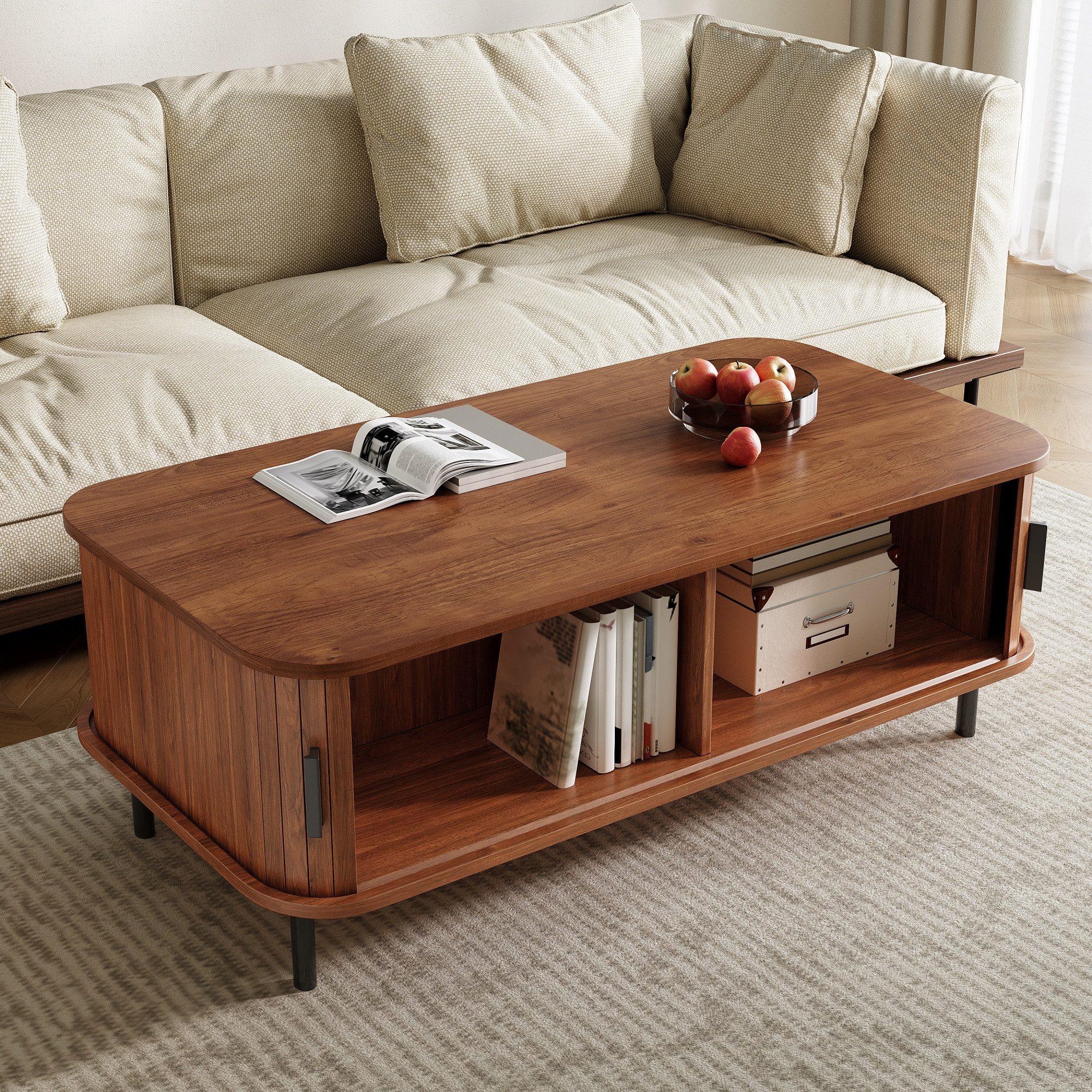 Merax Couchtisch mit 2 Schiebetüren und Stauraum, Sofatisch Beistelltisch 120x55x45cm (1-St), Wohnzimmertisch mit vertikaler Lamellenoptik & abgerundeten Kanten – Bild 2 von 5