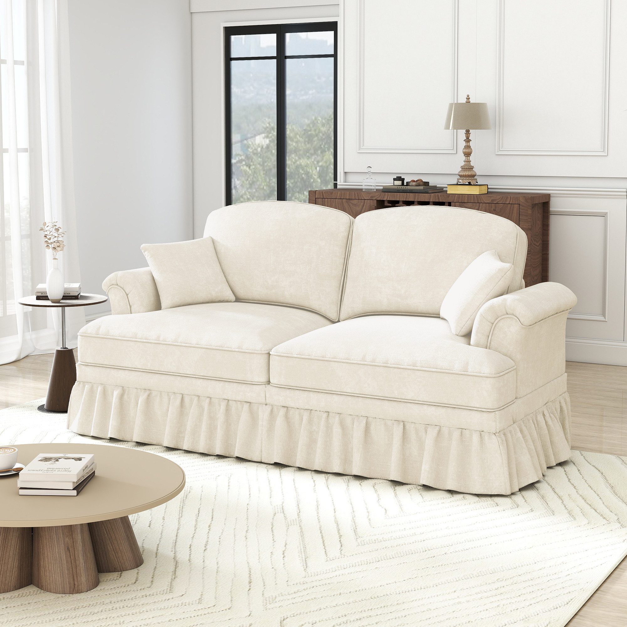 Odikalo Big-Sofa Ecksofa mit Schlaffunktion und Volant, Elegantes Mid-Century 2-3-4-5-Sitzer Sofa aus Chenille mit Trichter-Armlehnen, abnehmbarer Rüschenschürze & spindelförmigen Beinen – Komfortables Sofa fürs Wohnzimmer, Mehrfarbig