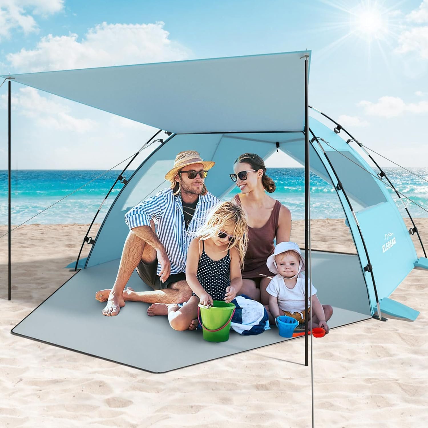 Elegear Strandmuschel Pop Up Strandzelt mit Sonnendach, Campingzelt UPF 50+ UV-Schutz, Personen: 5 (1 tlg), Blau Wurfzelt mit Tragetasche, Outdoor-Zelt Tragbar und leicht