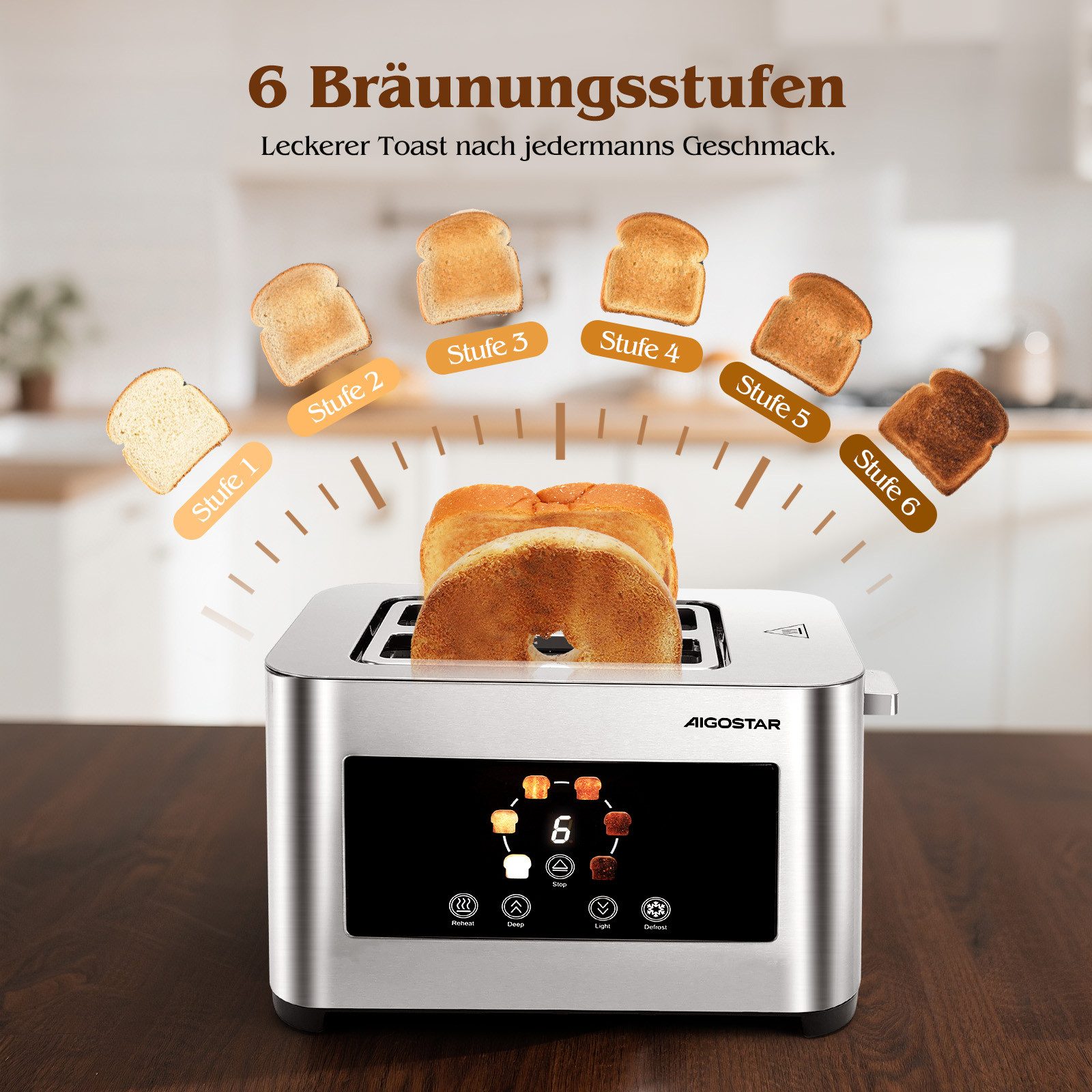 Aigostar Toaster 2/4 Scheiben, 6 Bräunungsstufen, LED-Touchscreen, Toaster Langschlitz, 2 lange Schlitze, 1400 W, Brotzentrierung, Auftau-, Aufwärm- & Stoppfunktion, Edelstahl Matt