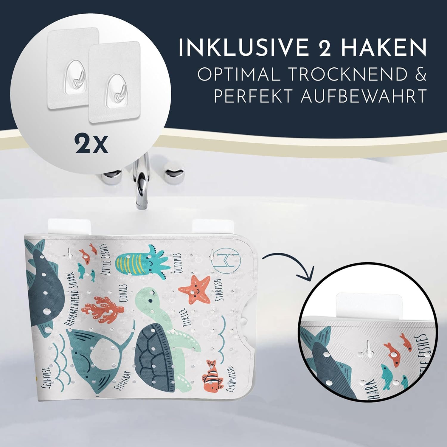 Homerella Badematte rutschfest Kinder - 100% BPA frei Inkl. 2 Haken zum Aufhängen 100x40cm, Antirutschmatte Badewanne Baby hautsensitiv & schimmelresistent, Bad – Bild 3 von 5