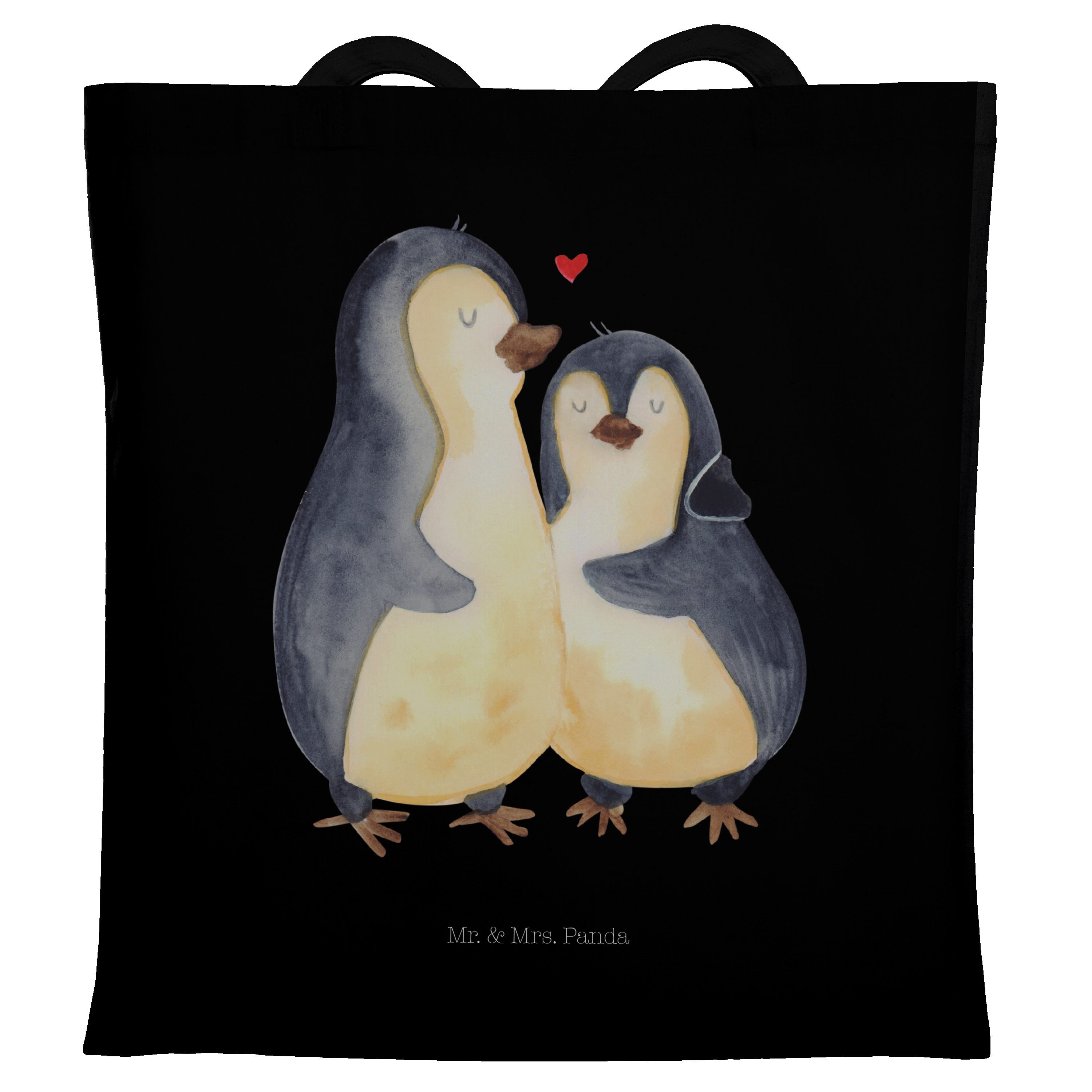 Mr. & Mrs. Panda Tragetasche Pinguin umarmend - Schwarz - Geschenk, Stoffbeutel, Liebe, Hochzeit, (1-tlg)