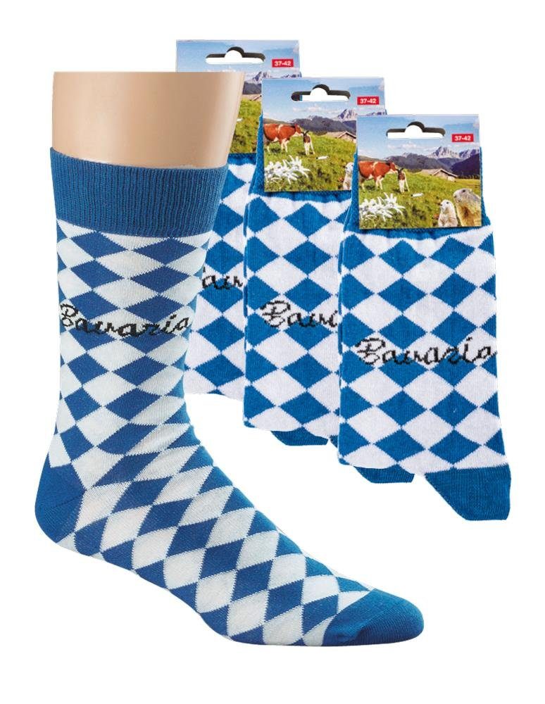 Wowerat Trachtensocken Bayern Socken blau weiß Rauten mit Komfortbund unisex (3 Paar) weiß blaue Rauten