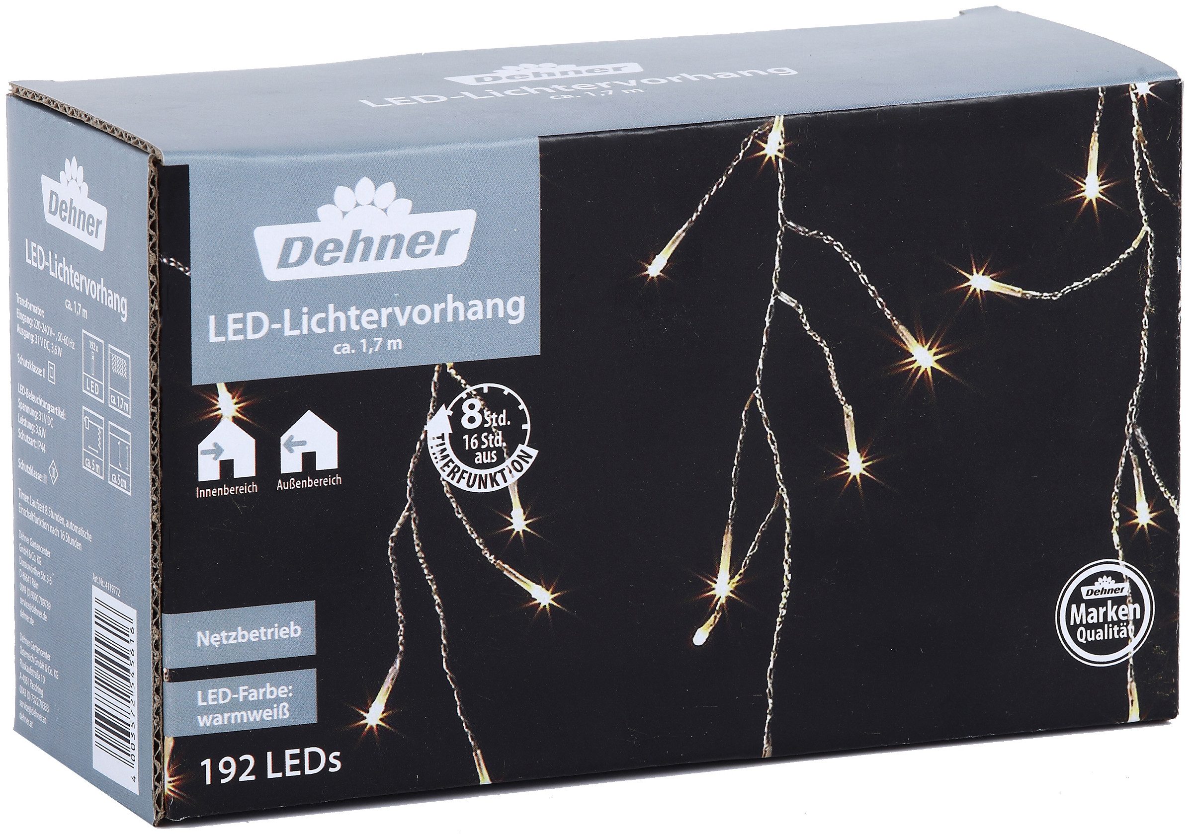 Dehner LED-Lichterkette LED Lichtervorhang, 192 LEDs, warmweiß, 165 cm, warmweißes Licht, mit 8h-Timer, für Indoor / Outdoor geeignet