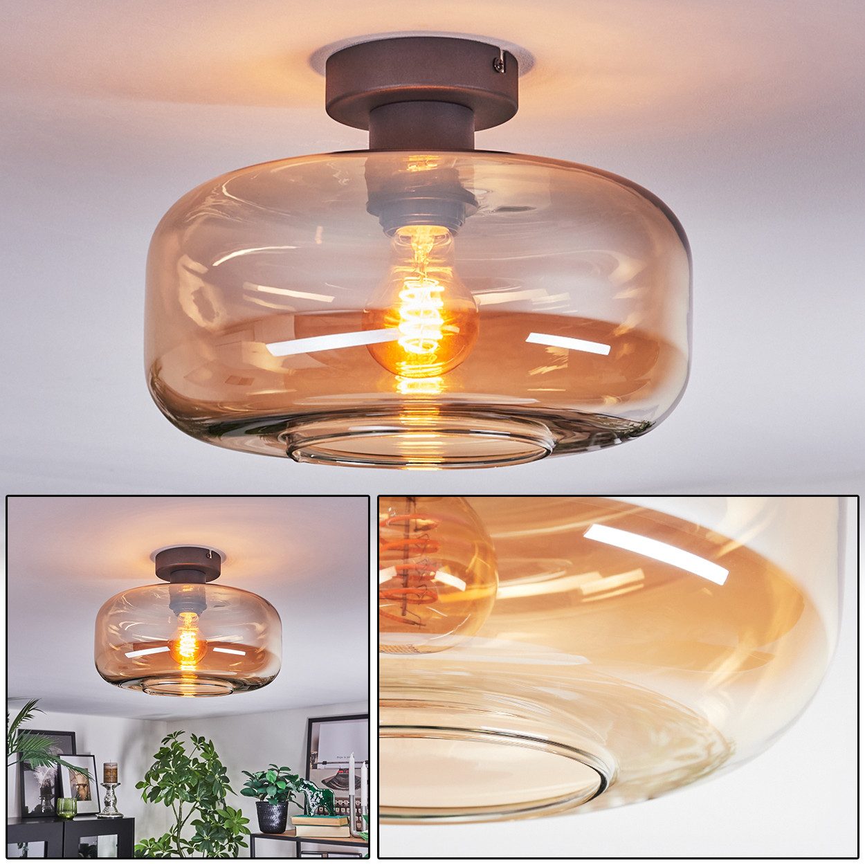 hofstein Deckenleuchte Deckenlampe aus Metall/Glas in Schwarz/Bernsteinfarben, Deckenleuchte im Retro/Vintage-Design (Schirm Ø 28 cm), E27