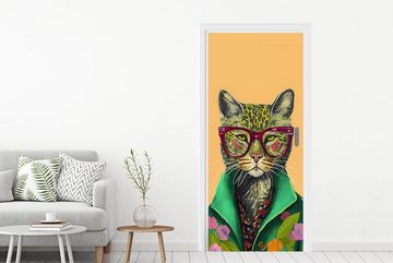 MuchoWow Türtapete Tiere - Katze - Brille - Blumen - Hippie, Matt, bedruckt, (1 St), Fototapete für Tür, Türaufkleber, 75x205 cm