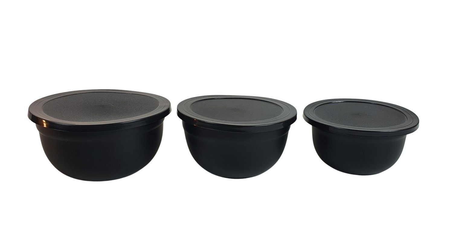 Multischüssel Küche Edelstahl mit 3tlg. sesua Aufbewahrungsschüssel Deckel schwarz Set