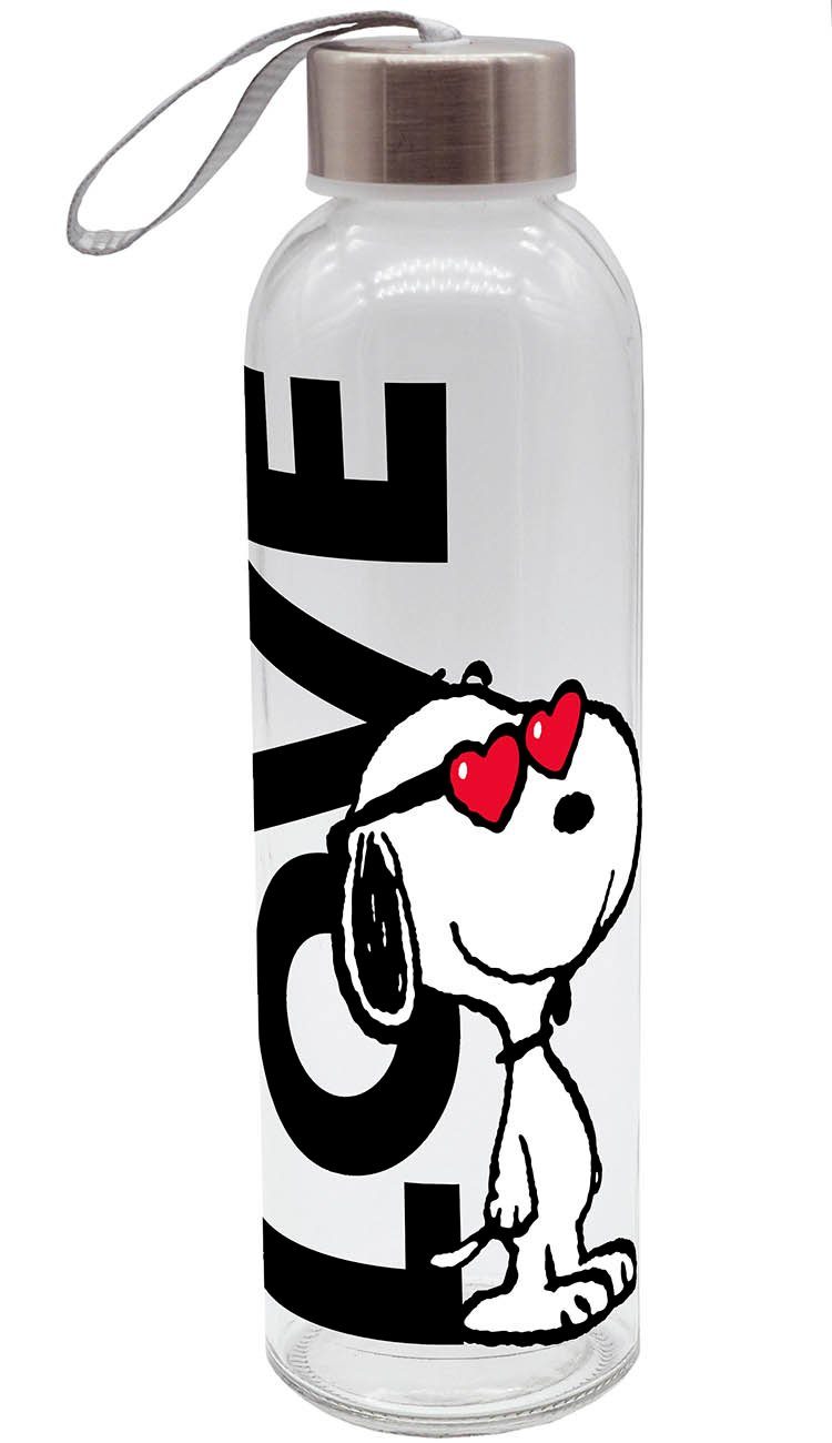 Geda Labels GmbH Trinkflasche Peanuts Love 500ml Glas, Glas, 500 ml, mit Kunststoffdeckel mit Trageschlaufe