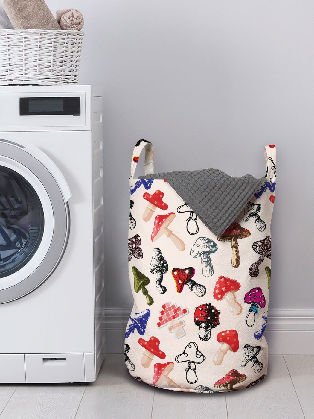 Abakuhaus Stile Waschsalons, Verschiedene Griffen mit Kordelzugverschluss Pilz für Wäschesäckchen Kreative Wäschekorb