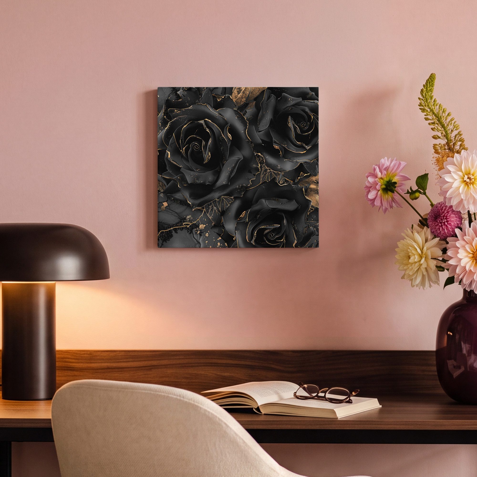 OneMillionCanvasses® Leinwandbild Rosen - Schwarz - Blumen - Gold, Fotodruck (1 St), Leinwand Bilder Klein, Wand Dekoration Aesthetic 30x20 cm – Bild 4 von 5