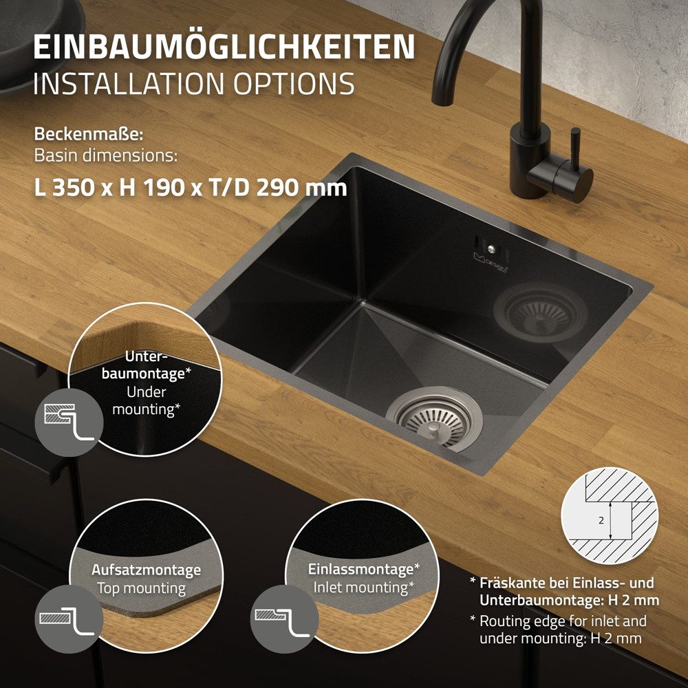 ML-DESIGN Küchenspüle Spülbecken aus Edelstahl, mit Ab- und Überlaufgarnitur & Siphon, 40/34 cm, Anthrazit Einzelbecken Waschbecken Küche Spüle Edelstahlspüle – Bild 4 von 5