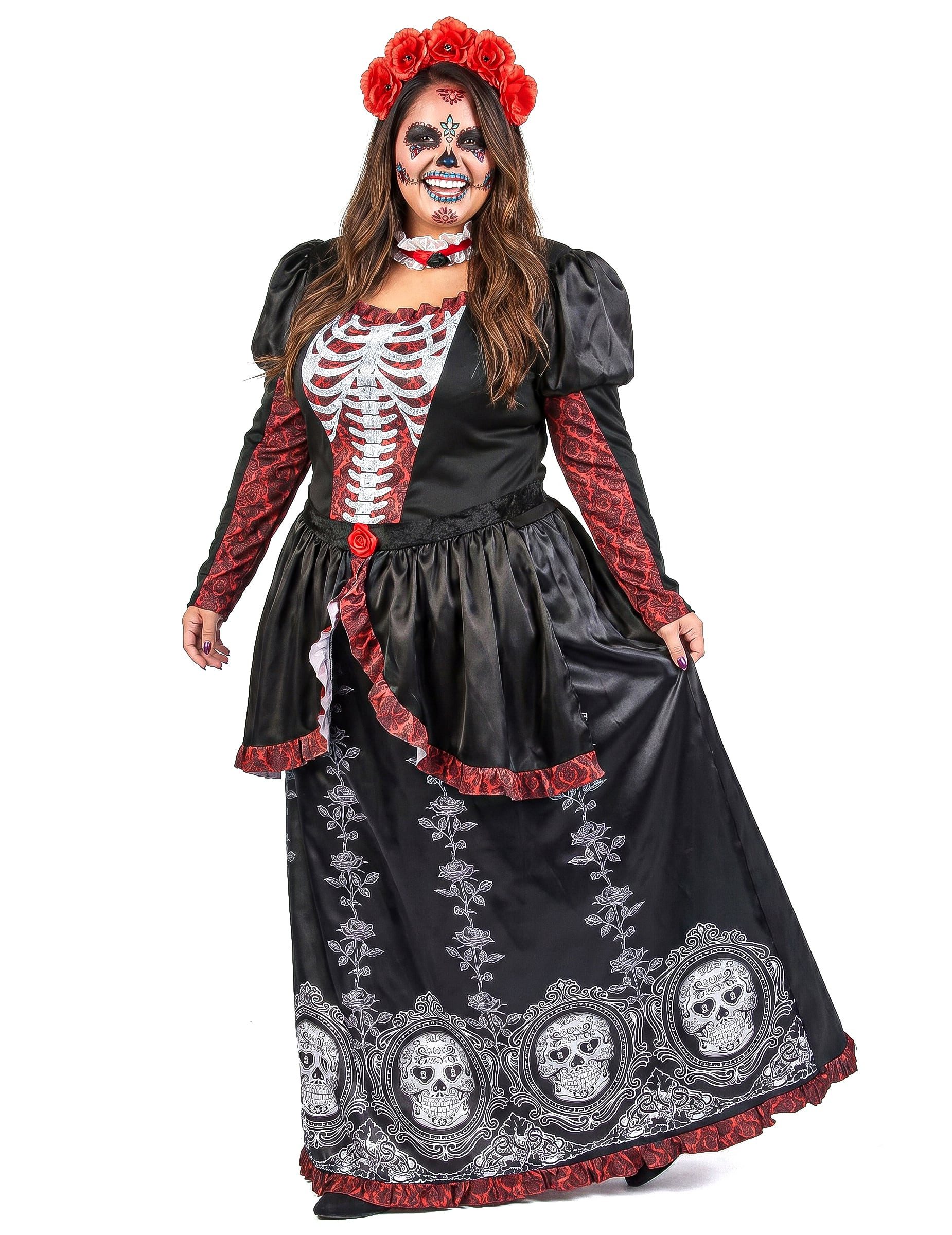 Kostüm Dia de los muertos Damenkostüm Plus Size für Frauen schwarz-rot