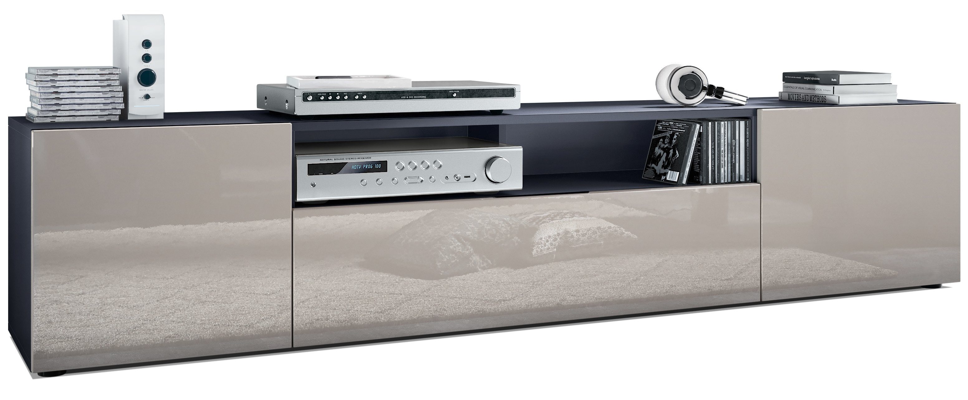 Vladon Lowboard Mogan (TV-Kommode, mit 2 Türen, 1 Klappe und 1 offenes Fach), Anthrazit matt/ Sandgrau Hochglanz (181 x 39 x 35 cm)