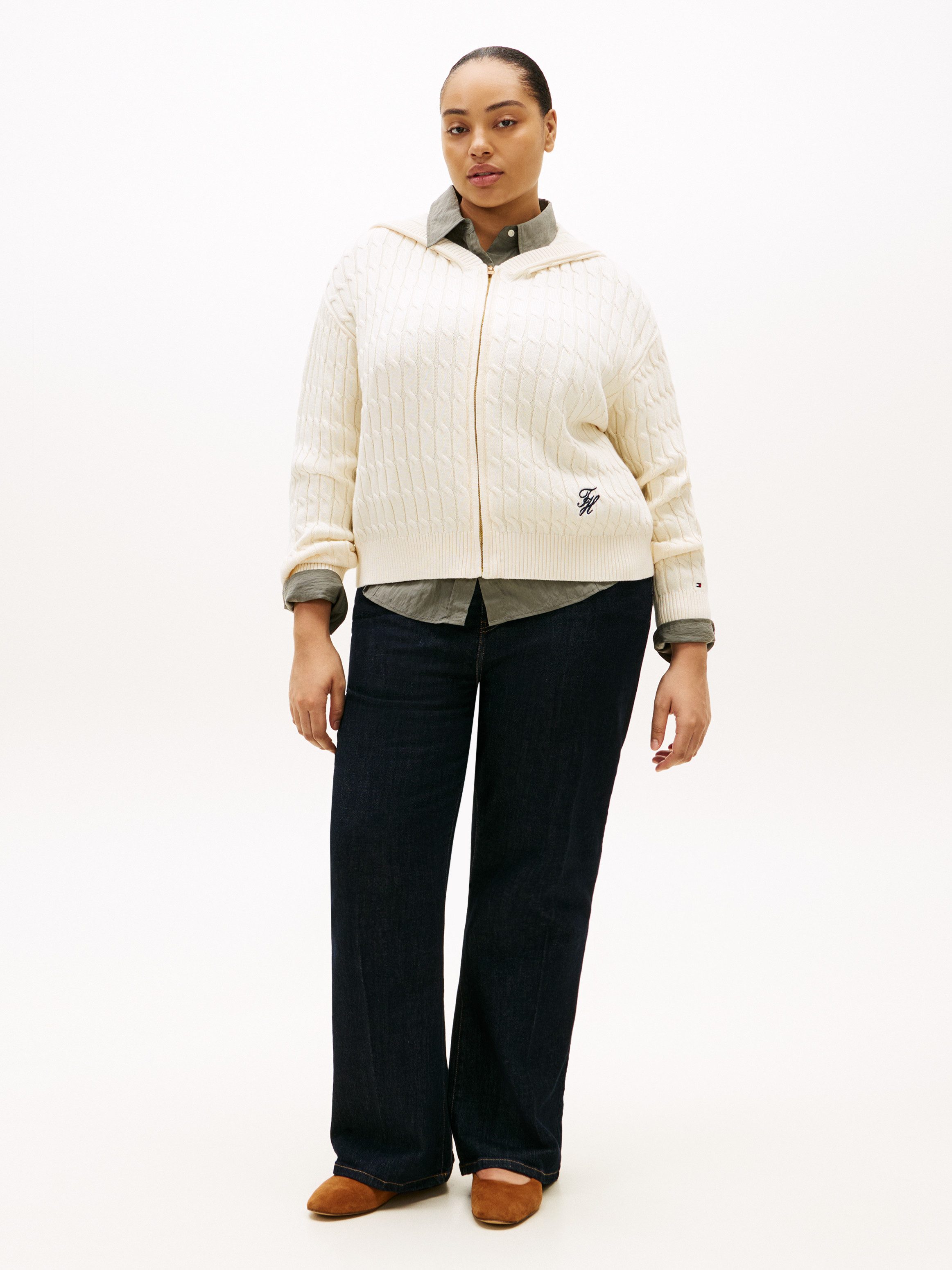 Tommy Hilfiger Curve Kapuzenstrickjacke CRV CO CABLE MID GG LS ZIP HOODY in großen Größen, mit Zopfmuster