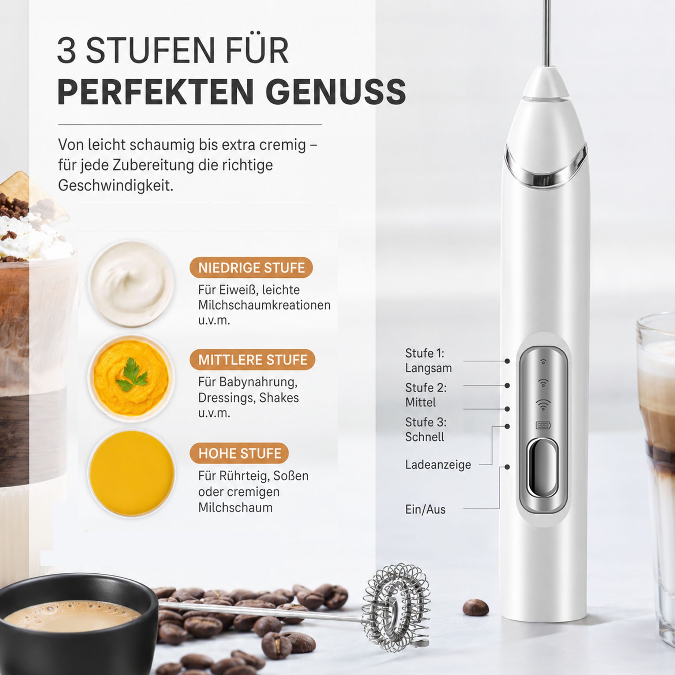 KINSI Milchaufschäumer Milchaufschäumer Elektrisch, USB Wiederaufladbar für Latte Matcha, 2,5 W, 2 Rührköpfe, 3 Geschwindigkeitsstufen