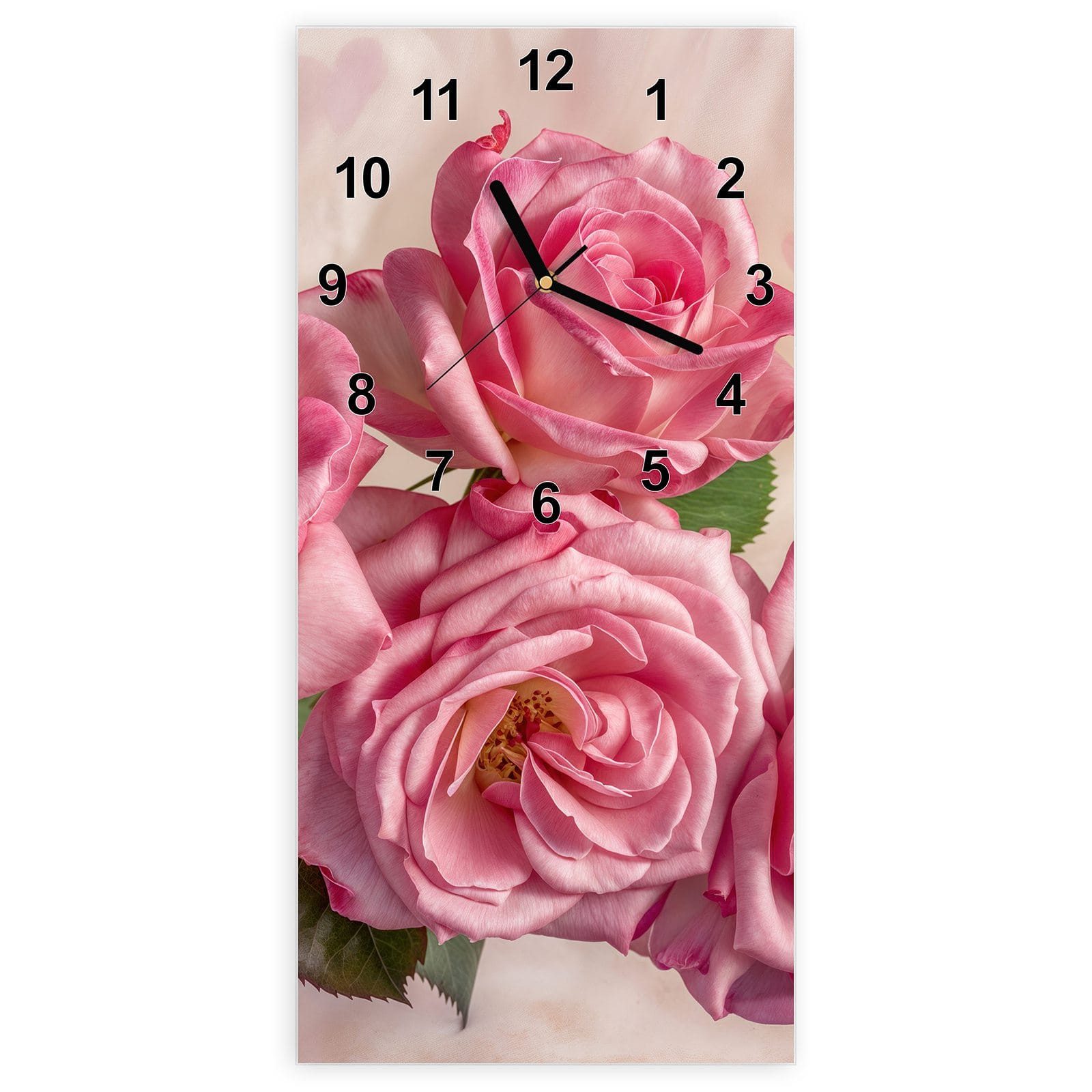Wanduhr Glasuhr Wandkunst Größe 30 x 60 cm mit Motiv Rosenblütenpracht