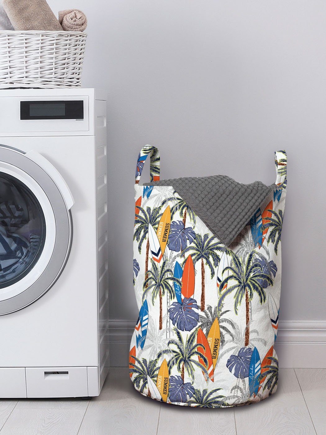 Abakuhaus Wäschesäckchen Wäschekorb mit Griffen Waschsalons, Surfbretter Palmen Kunst für Tropisch Kordelzugverschluss