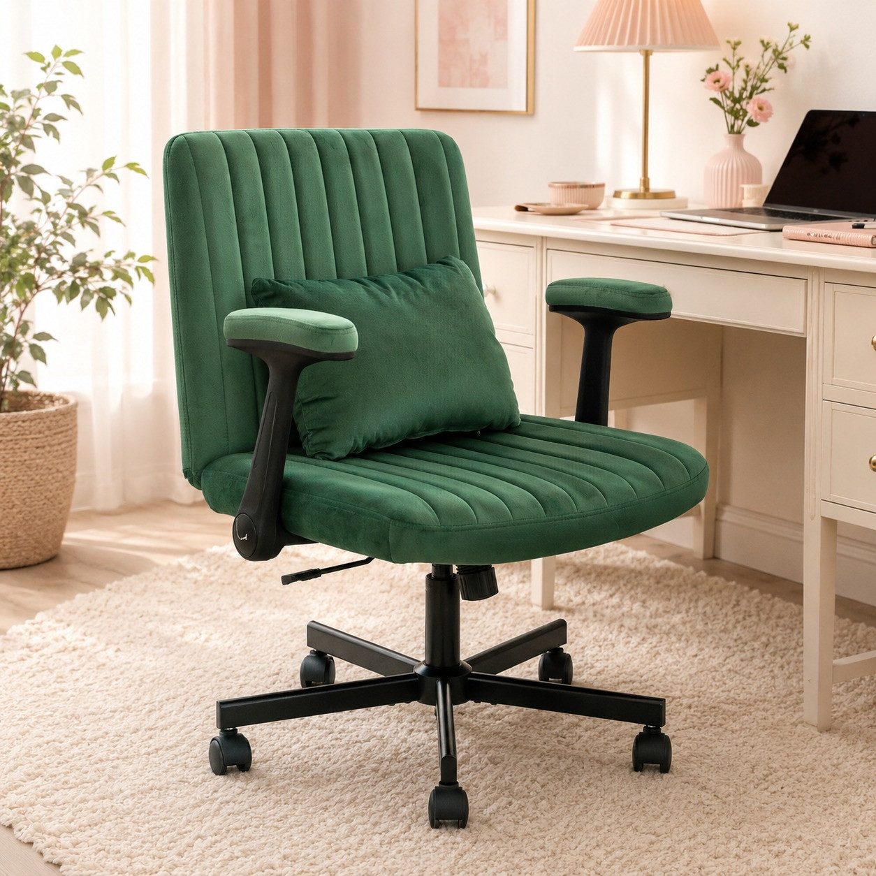 MODFU Bürostuhl Velours Schreibtischstuhl höhenverstellbar, Armlehnen klappbar (Leichtgängige Rollen, schlankes Design für enge Räume, weiche Polsterung, 1 St), Vielseitig als Arbeitsstuhl & Beistellsitz für Homeoffice & Wohnzimmer