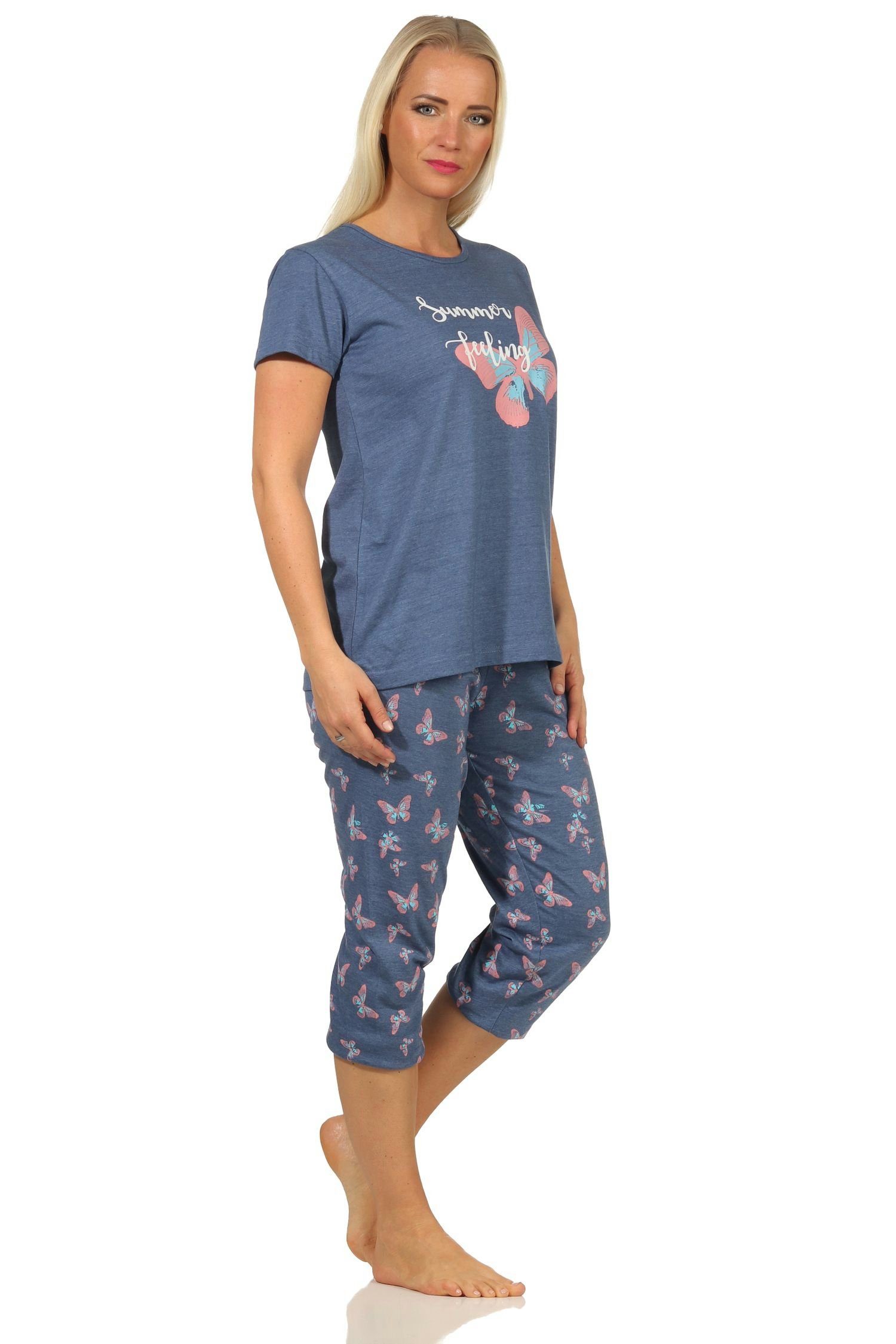 Schmetterlingsmotiv kurzarm by blau Damen Sommerlicher Normann RELAX Schlafanzug Capri mit Pyjama