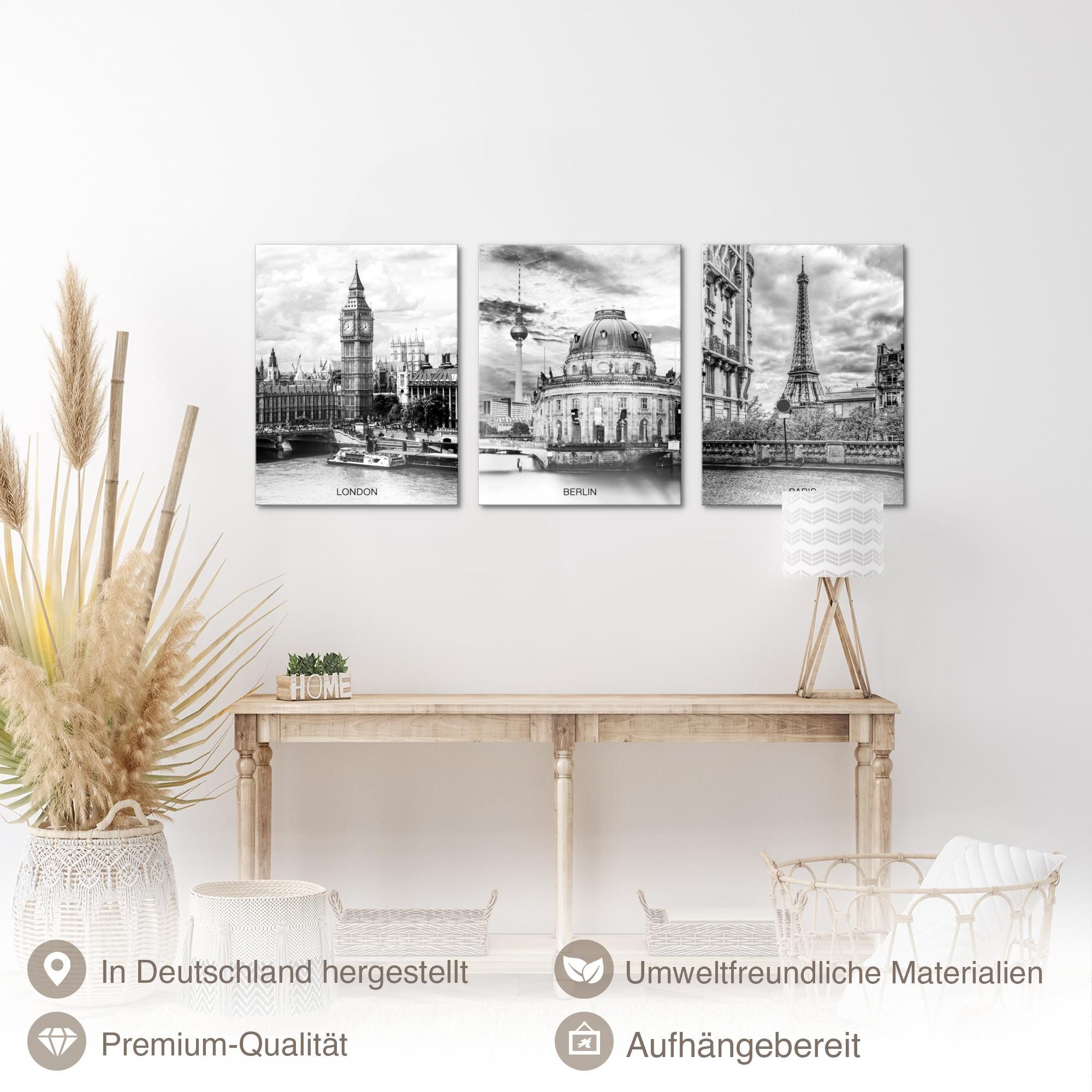 Novart Wandbild Städte Berlin London Paris Schwarz Weiß Bilder Set Deko, London