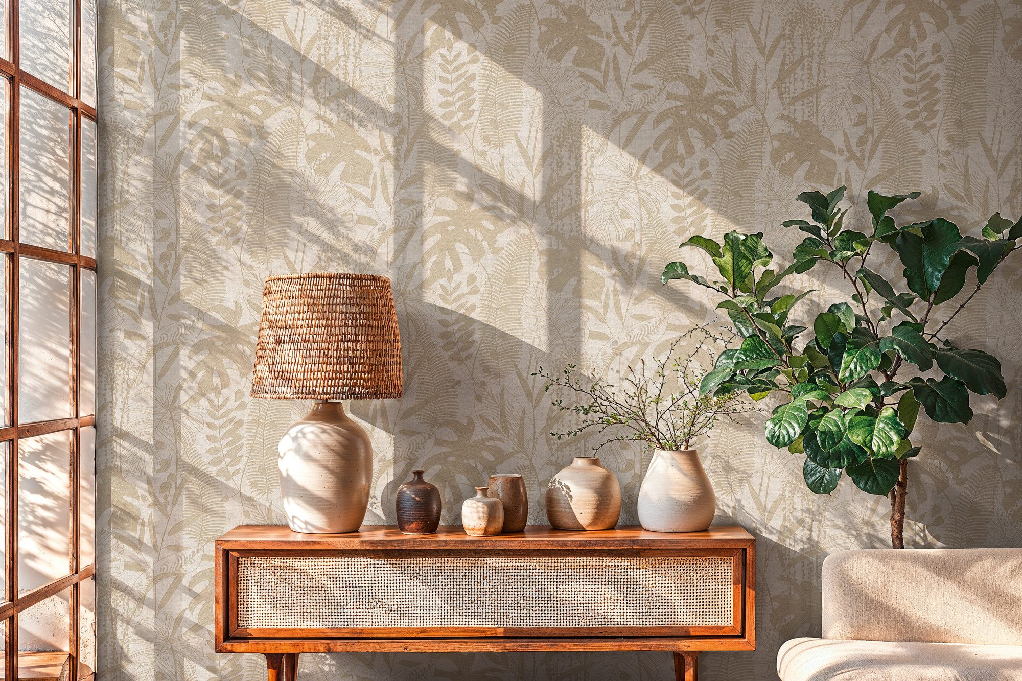 A.S. Création Vliestapete Cuba II Tropische Blätter, leicht strukturiert, Retro, floral, tropisch, Feines Blattdesign mit filigranen Linien und natürlicher Optik