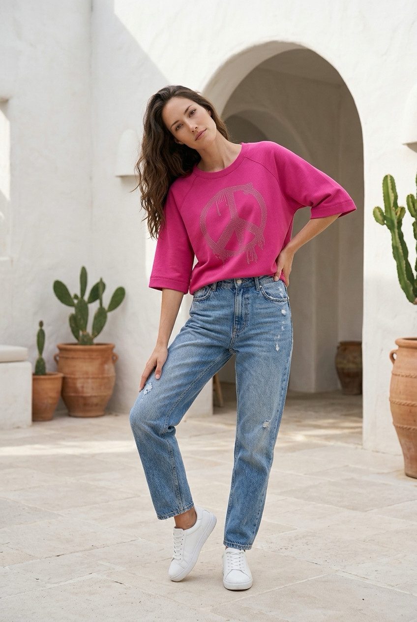 Zuckerwatte Sweatshirt 78182 mit PEACE Applikation aus weicher Baumwolle Modal Mischung