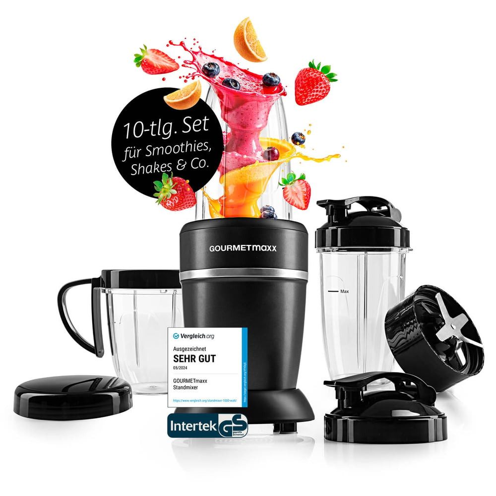 GOURMETmaxx Standmixer Nutrition Миксер 10-tlg., Smoothie Maker mit to go Deckel, 1000 W, mit Mixbecher & Frischhaltedeckel – ideal zum Aufbewahren
