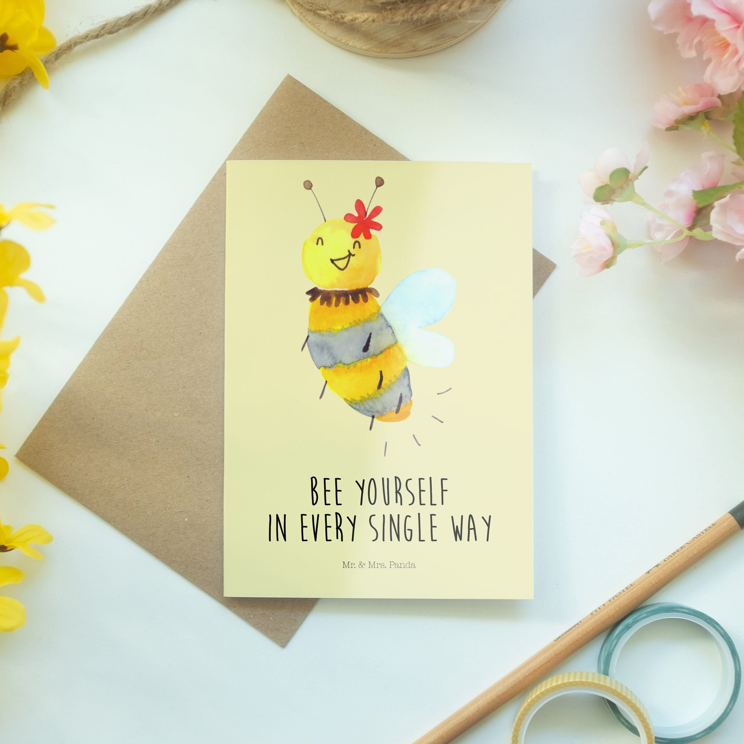 Wespe, & Mr. Karte - Grußkarte Pastell Gelb Panda Einladungskarte, - Blume Mrs. Geschenk, Biene