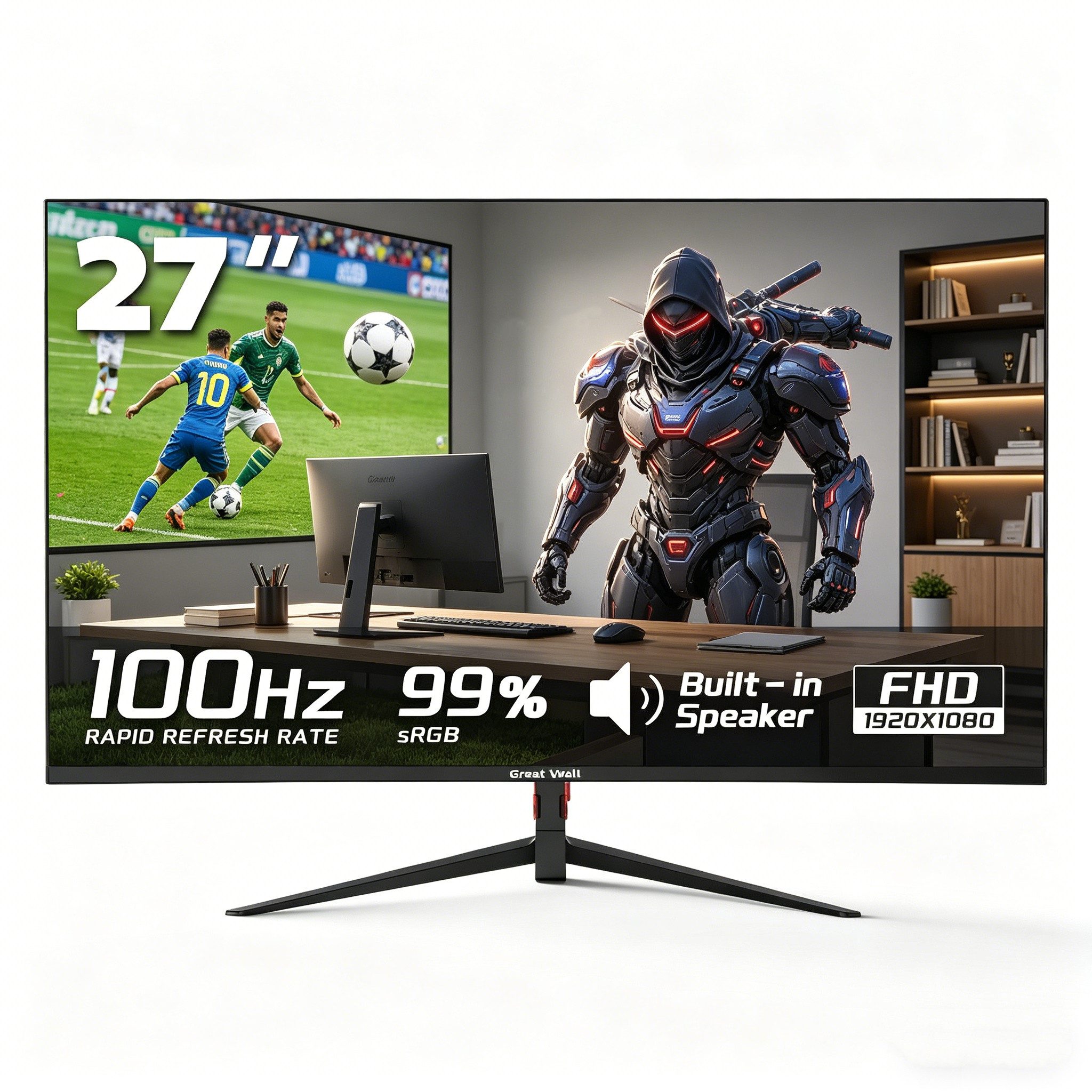 Great Voell 27 Zoll FHD Monitor, 100 Hz, 16:9 Home Office (68,6 cm/27 ", 1920 x 1080 px, FHD, 1 ms Reaktionszeit, 100 Hz, VA LED, HDR10, Eingebauter Lautsprecher, Flacher Gaming & Home Office Monitor)