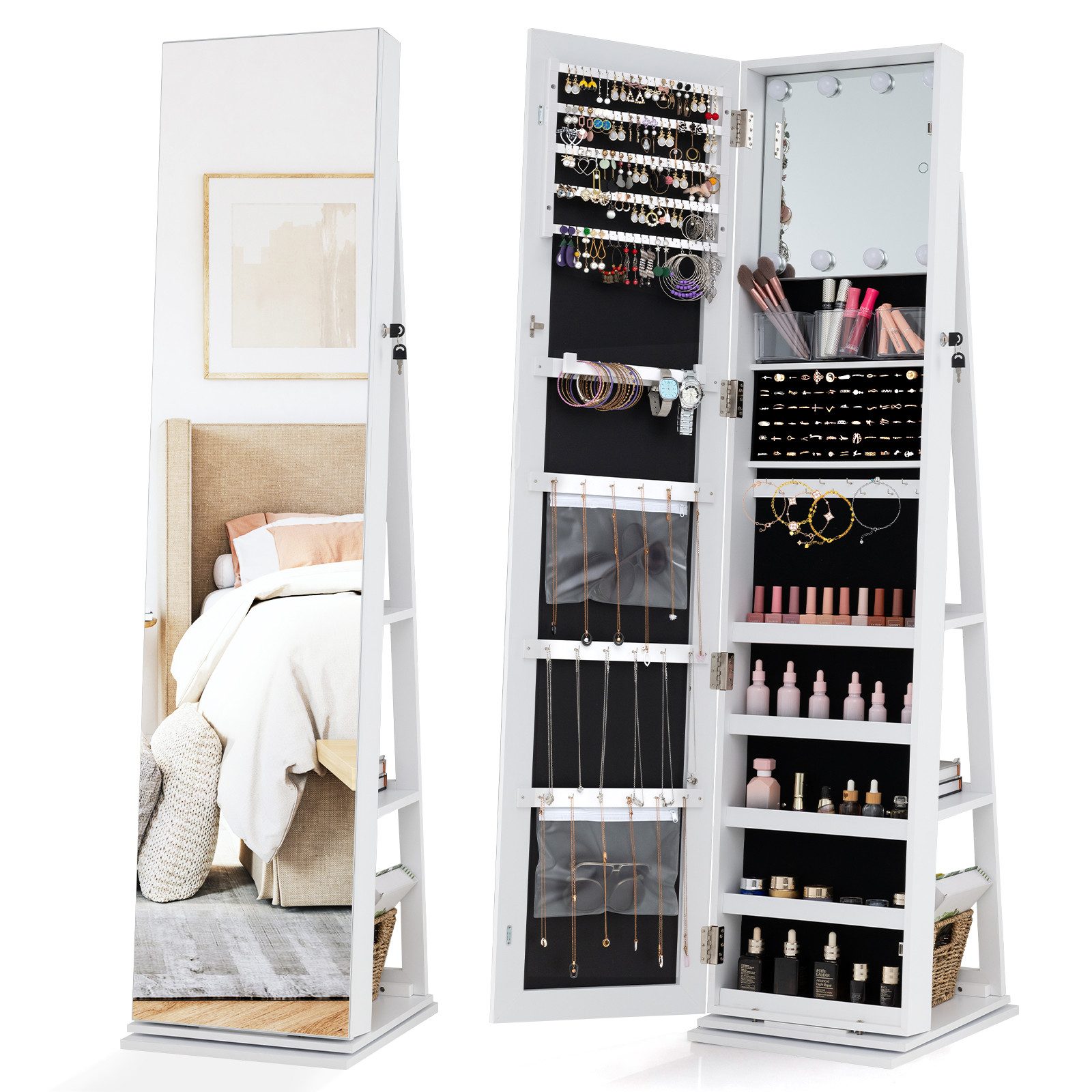 COSTWAY Schmuckschrank mit Ganzkörperspiegel, LED, Regal, drehbar, 3-in-1