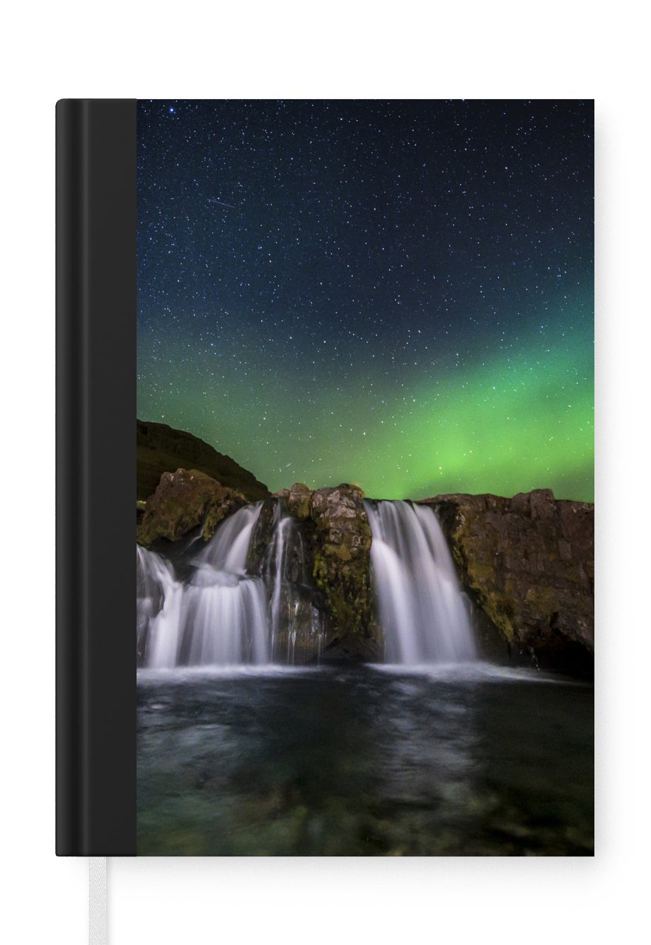 MuchoWow Notizbuch Nordlicht - Wasserfall - Island - Natur, Journal, Merkzettel, Tagebuch, Notizheft, A5, 98 Seiten, Haushaltsbuch