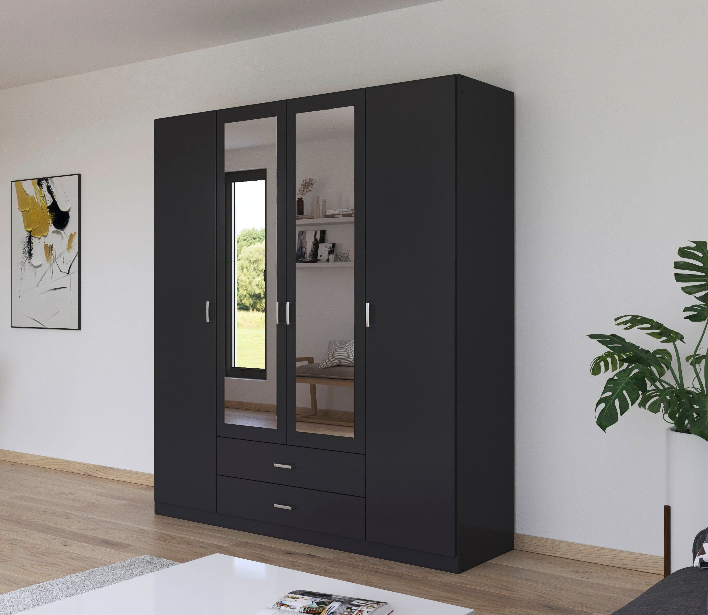 rauch Kleiderschrank Schrank Garderobe Ankleide GAMMA Breiten 91/136/181/226/271/315/360 cm (in 3 Ausstattungen BASIC/CLASSIC/PREMIUM (inkl. SOFT-CLOSE-Funktion) verschiedene Griff-Varianten, mit Spiegel TOPSELLER MADE IN GERMANY