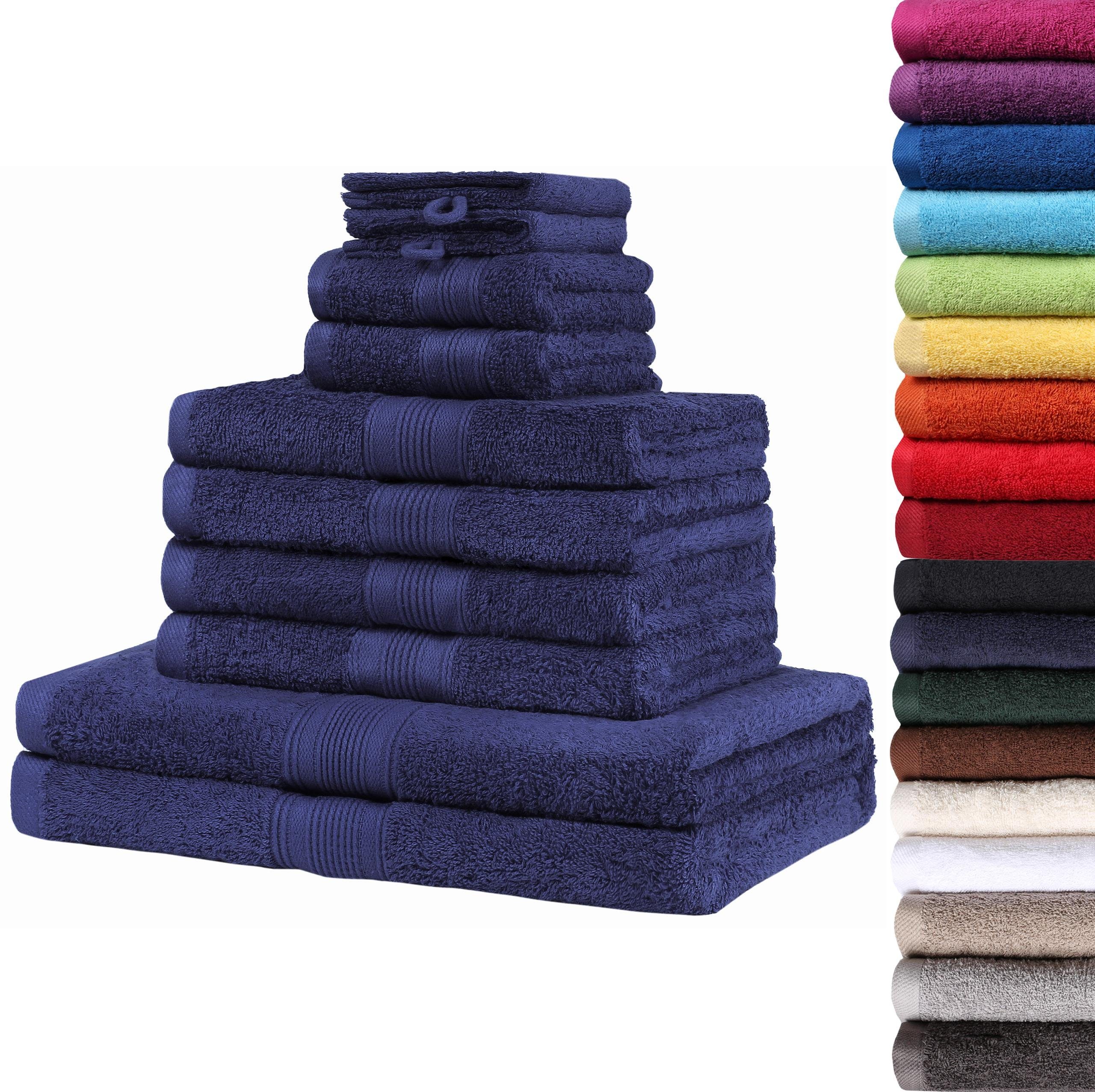 Set Handtücher, 500gsm, 10tlg. 4X 2X 2X Duschtücher, Navy (10-tlg), Baumwolle, NatureMark 2X Handtuch Handtuch-Set Waschhandschuhe Gästetücher, blau 100%