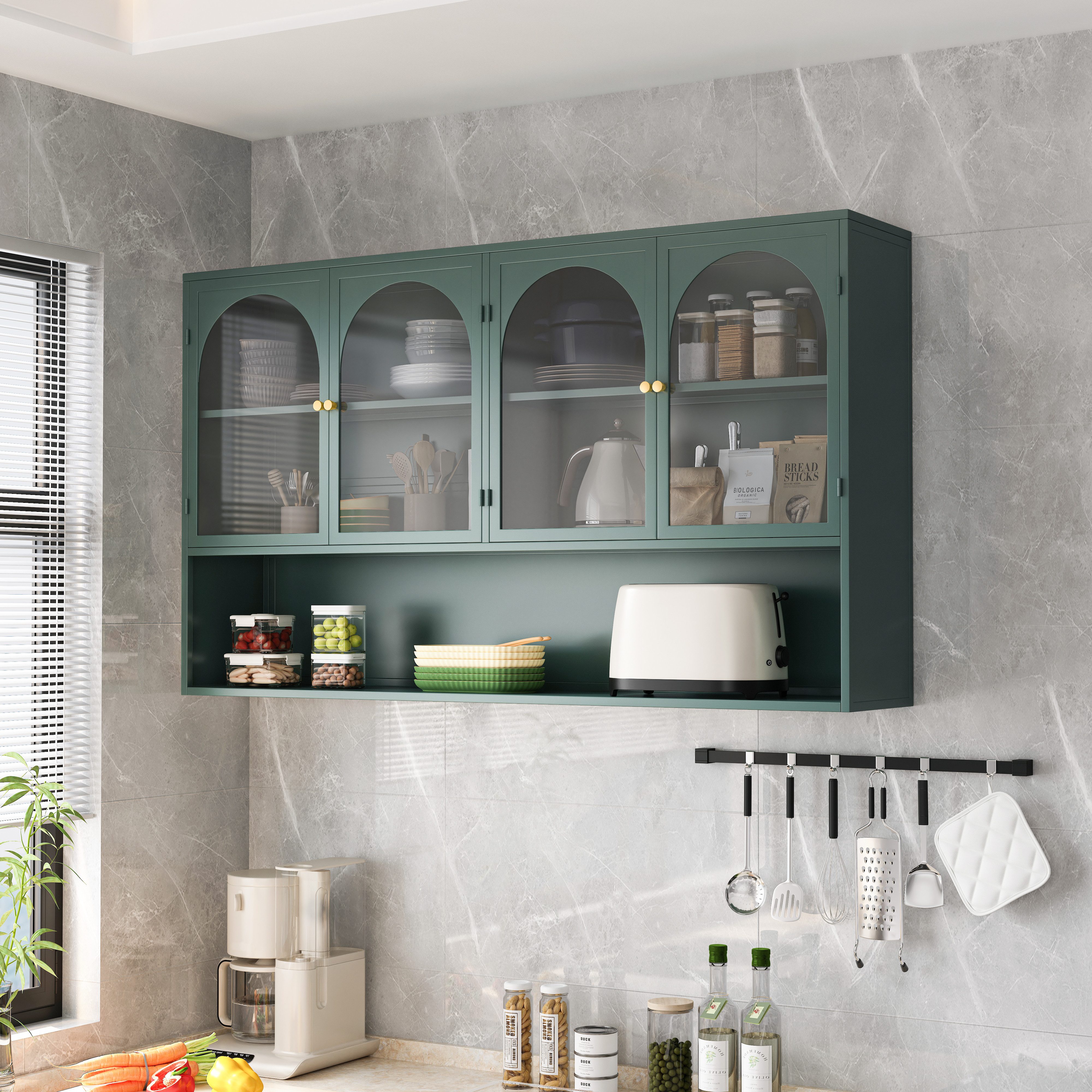 HAUSS SPOLE Wandhängeschrank für Küche,Wohnzimmer,Wandhängender Küchen-Hängeschrank,dunkelgrün, Wandschrank Hängeschrank mit Eisenkorpus und vier Sicherheitsglas-Türen, Metallschrank für Wohnzimmer oder Küche