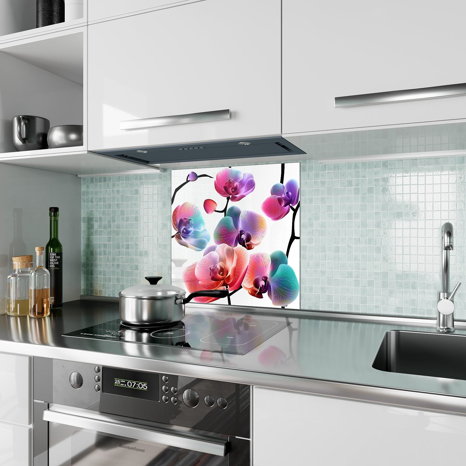 Glas mit Küchenrückwand Orchideenmuster Motiv Spritzschutz Primedeco Küchenrückwand