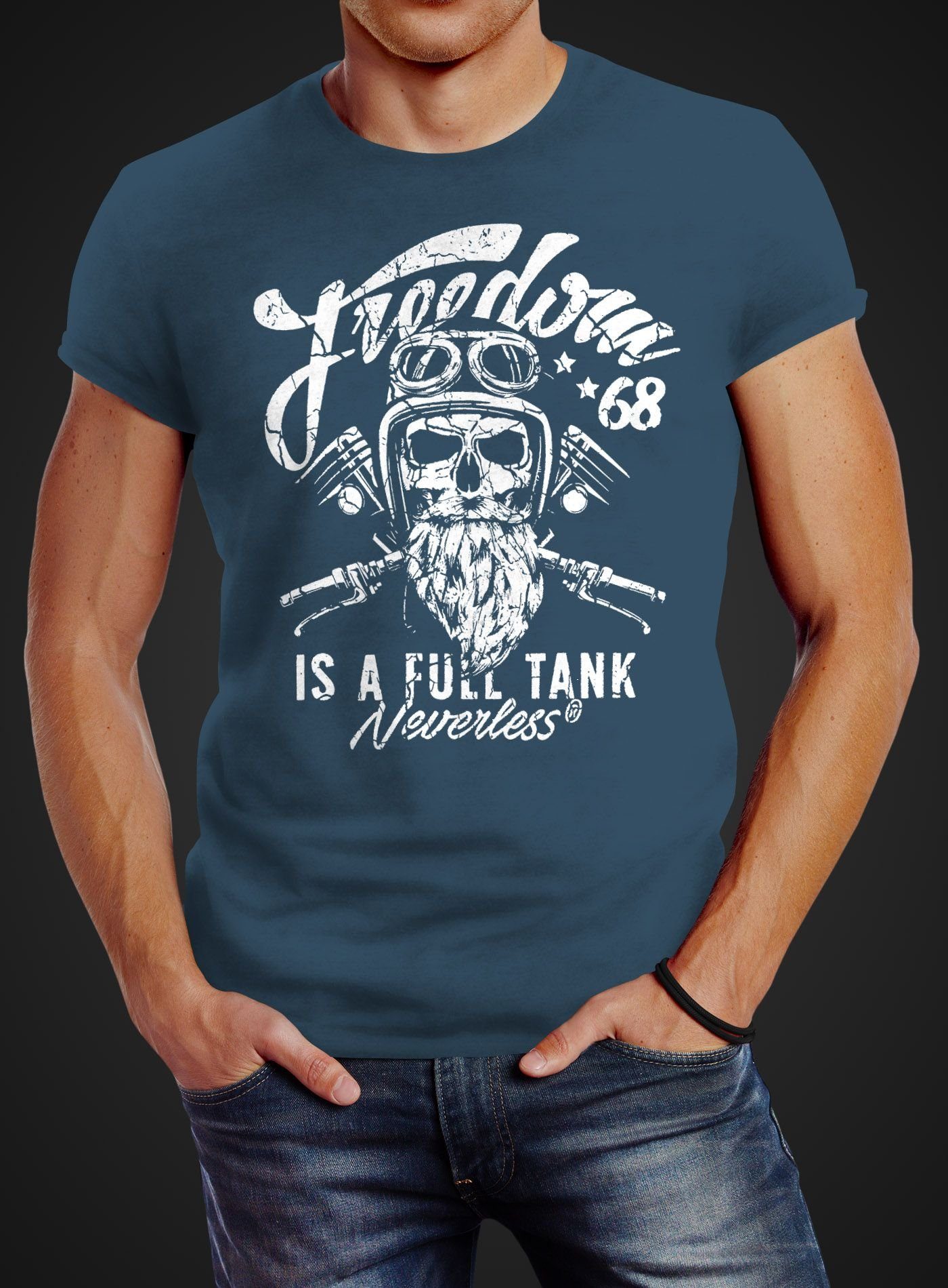 Tank is Fit Print mit Neverless® Motorrad a blau Biker Slim Neverless Motiv Freedom Skull Totenkopf T-Shirt Print-Shirt full Herren