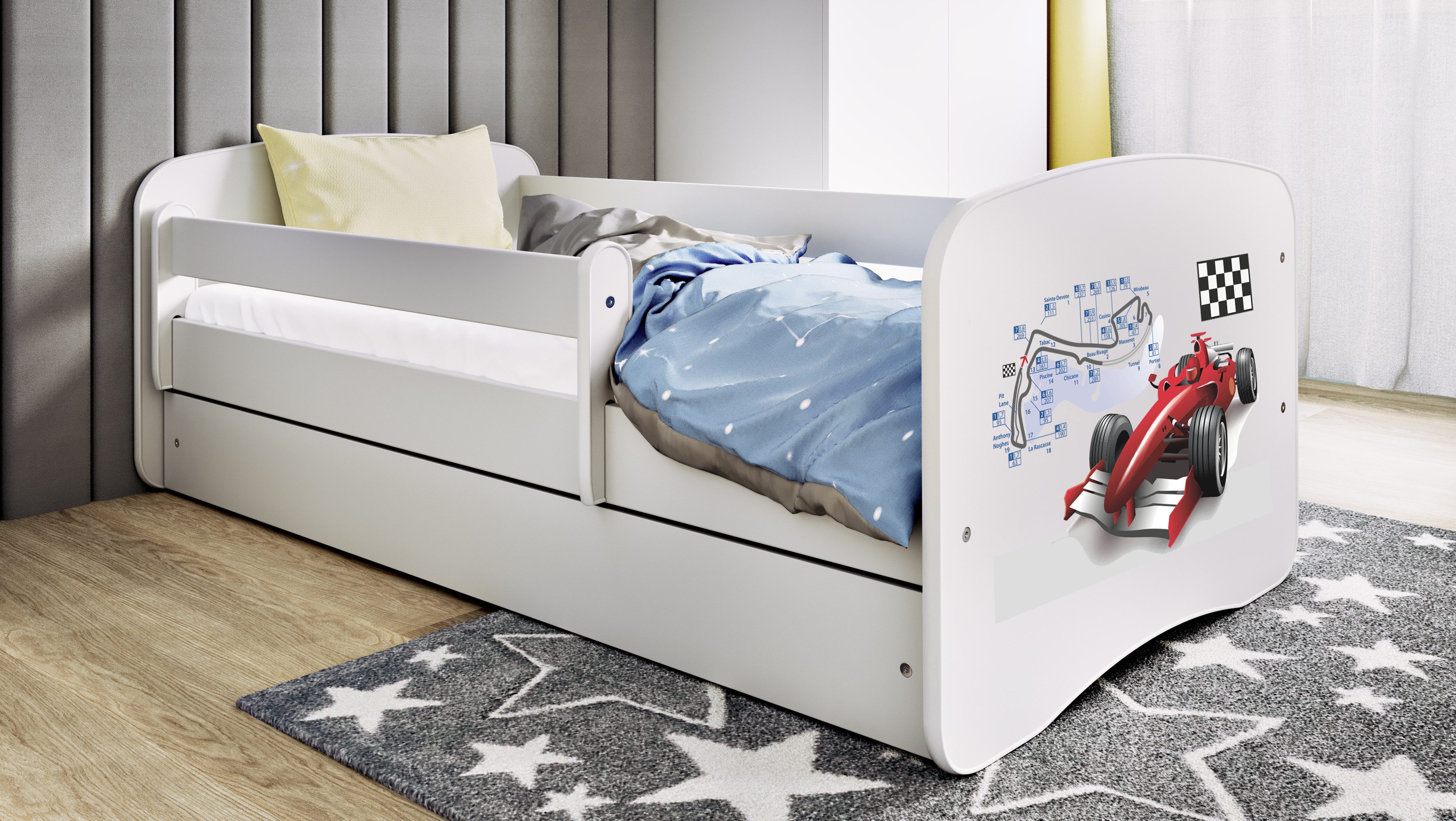 Raumhirsch Furniture Kinderbett 70x140, 80x160, 80x180 cm - Komplettset mit Schublade (Bett für Jungs, Einzelbett für Kinder 2–12 Jahre mit Rausfallschutz), verschiedene Farben & Designs