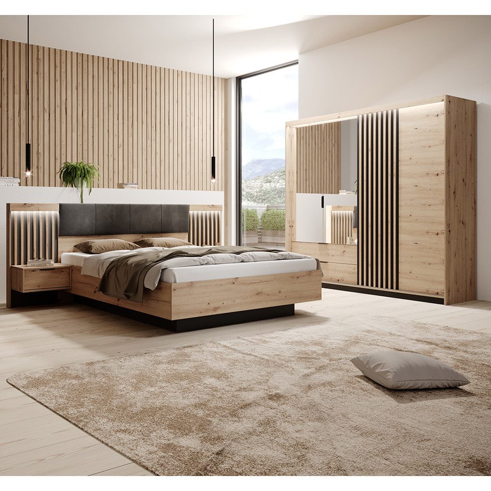 Lomadox Schlafzimmer-Set TALCA-167, (Spar-Set, 4-tlg., Bettgestell Lattenrost aufklappbar Nachtkommoden Beleuchtung Kommode), Eiche Dekor 160x200 cm Kopfteil gepolstert Lattenrost LED Beleuchtung