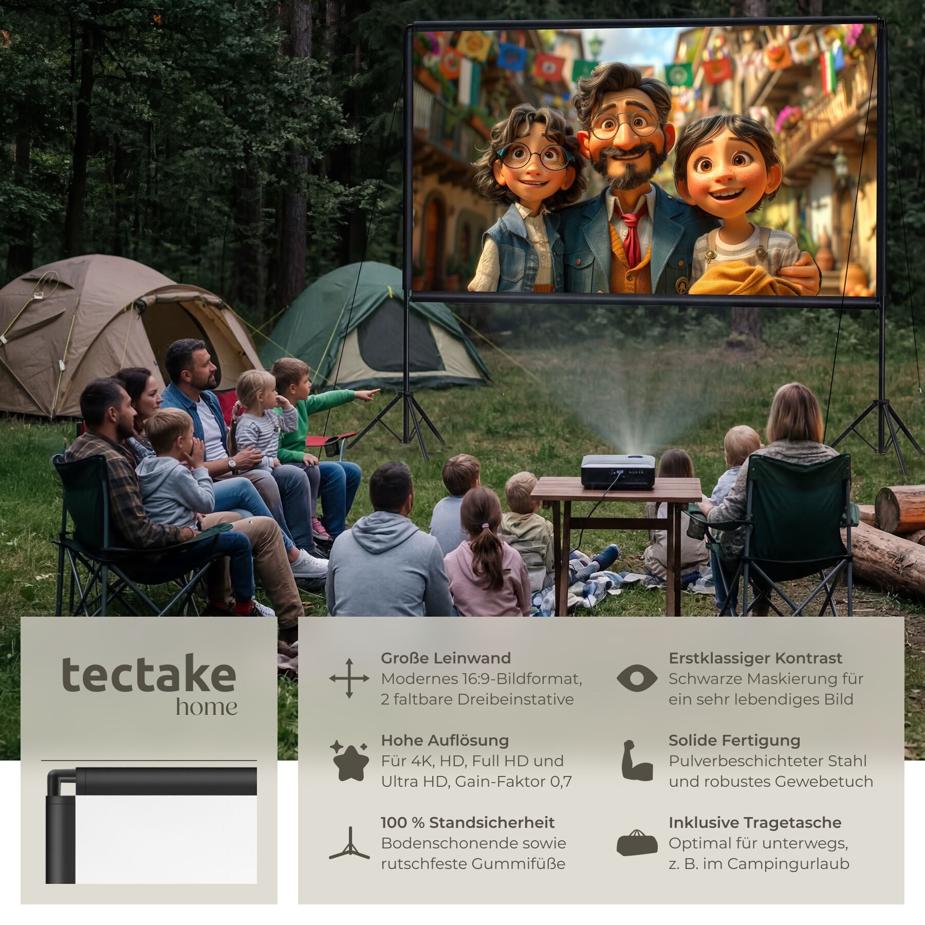 tectake Beamer-Leinwand für 4K, HD, Ultra HD und Full HD, Format 16:9, 120“ Deckeneinbauleinwand (Gain-Faktor 0, 7, robust, faltenfrei gespannt, inklusive Tragetasche)