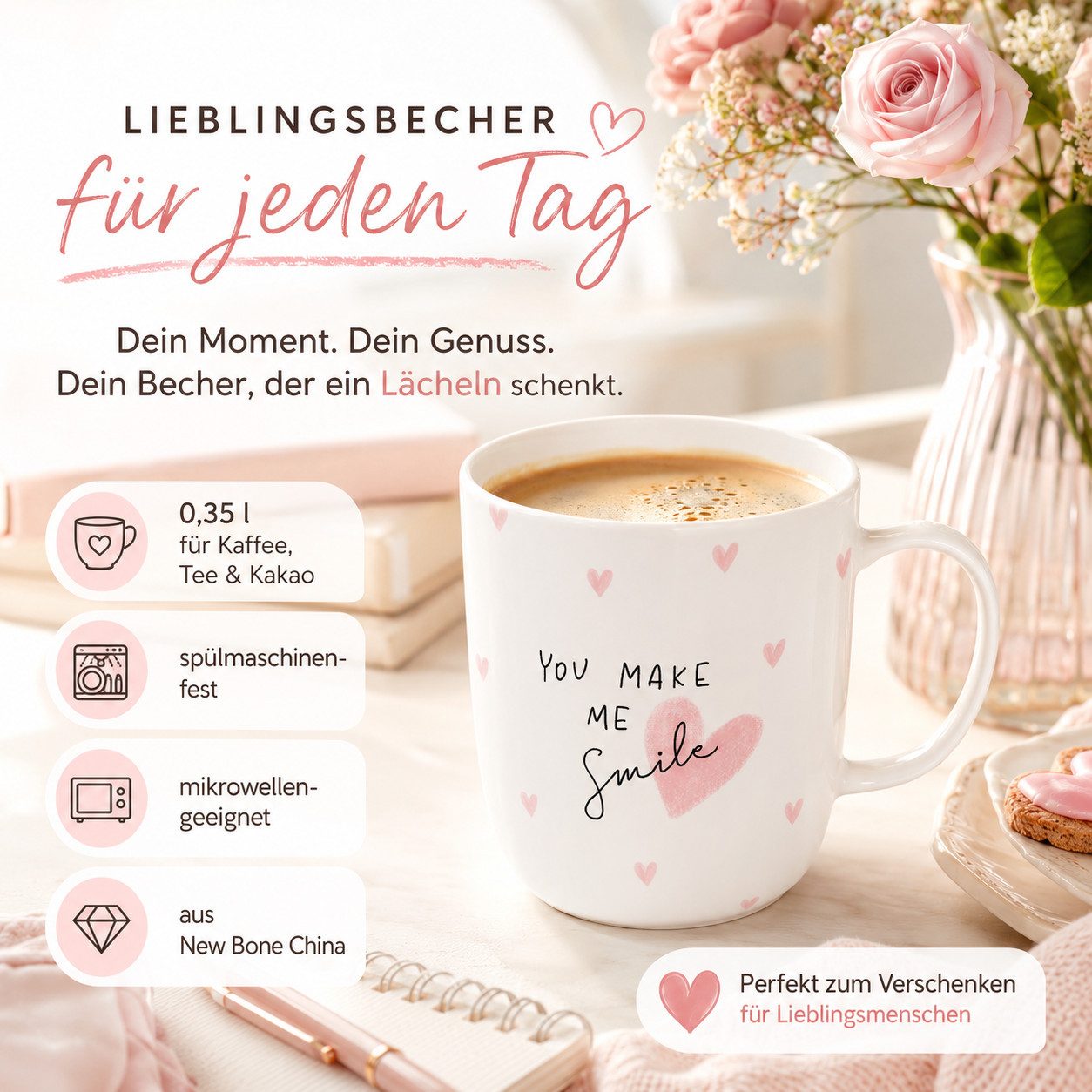 PPD Becher Henkelbecher aus Porzellan 0,35L - You make me Smile, 1-tlg., Porzellan