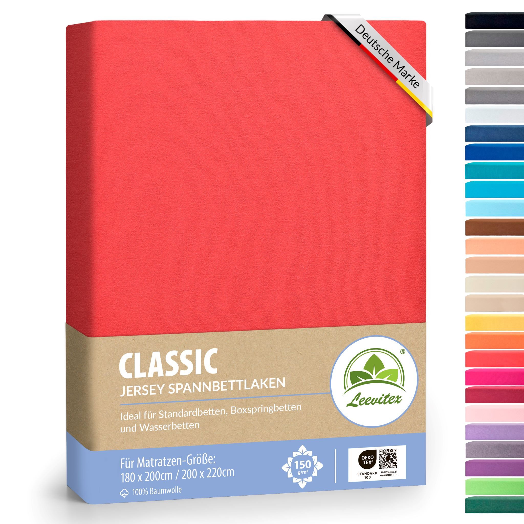 leevitex® Spannbettlaken 180x200 - 200x220 cm, 40 cm Steghöhe, Stoffdicke 150 g/m², Jersey, Gummizug: rundum, (1 Stück), OEKO-TEX® Standard 100 Zertifikatsnummer 10.HTR.85321 zertifiziert