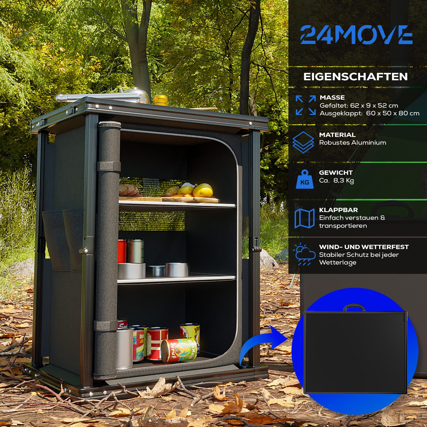 24Move Campingschrank Campingküche BERGAMO faltbar, Aluminium Reiseküche mit Staufächern (Aluminium Reiseküche mit Staufächern, Campingküche BERGAMO faltbar) Stabil, kompakt, mit Stauraum, leicht transportierbar, pflegeleicht