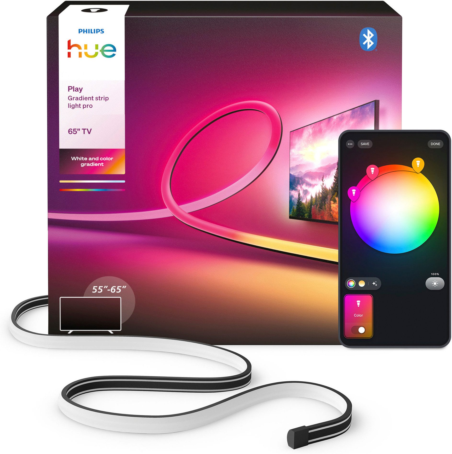 Philips Hue LED-Streifen Play Gradient Lightstrip Pro wahlweise für 65/85/100 Zoll TV, Zuschneidbar, RGBWWIC, weiche Farbverläufe, TV-Synchronisation