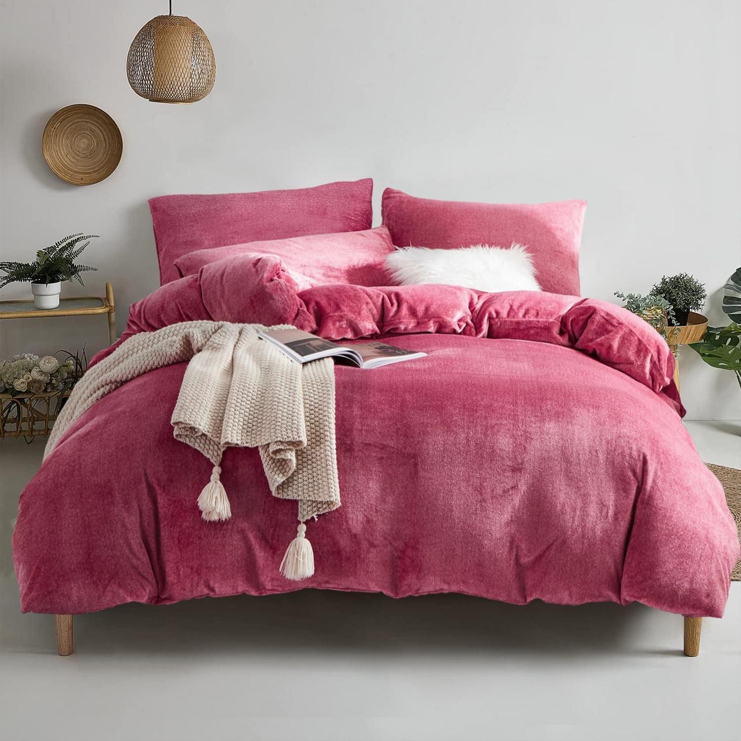 LuxusKollektion Bettwäsche Bettwäsche Set Rot Plüsch 220x240cm mit 2 Kissenbezügen